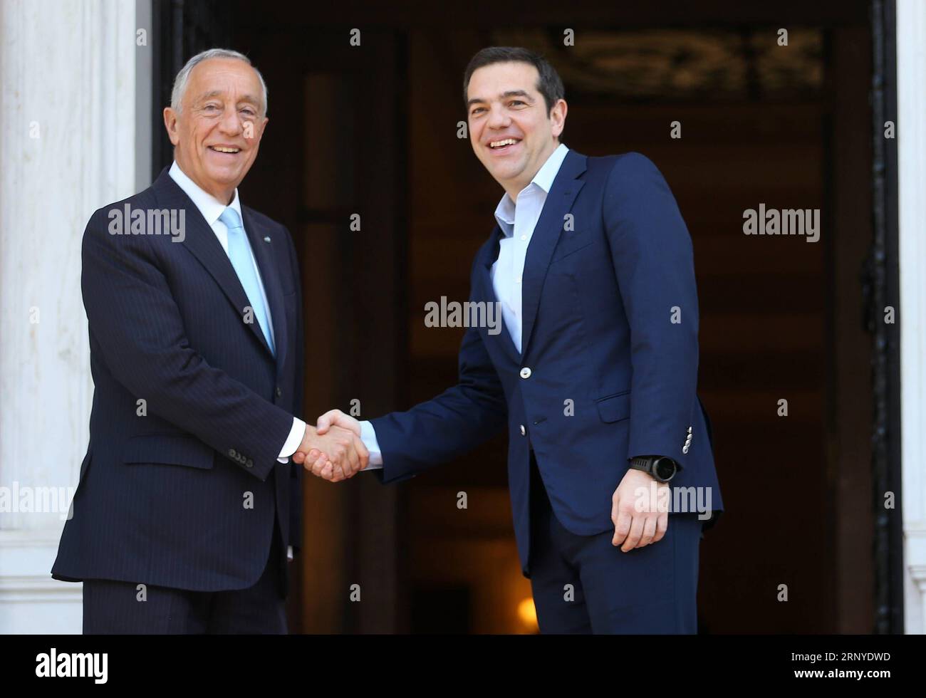 180313) -- ATHENS, March 13, 2018 -- Greek Prime Minister Alexis Tsipras  (R) welcomes Portuguese President Marcelo Rebelo de Sousa in Athens,  Greece, on March 13, 2018. Greece can count on Portugal
