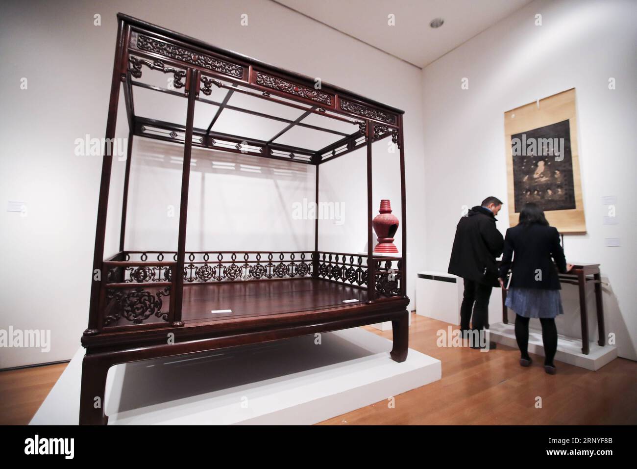 (180316) -- NEW YORK, March 16, 2018 -- A Huanghuali six-poster canopy bed, Jiazichuang, is seen during the public viewing of Christie s Asian Art Week in New York, the United States, on March 16, 2018. Christie s on Friday kicked off its Asian Art Week, a series of auctions, viewings, and events, from March 16 to March 23. This season presents six distinct auctions including Fine Chinese Ceramics and Works of Art, South Asian Modern + Contemporary Art, etc. ) U.S.-NEW YORK-CHRISTIE S-ASIAN ART WEEK WangxYing PUBLICATIONxNOTxINxCHN Stock Photo