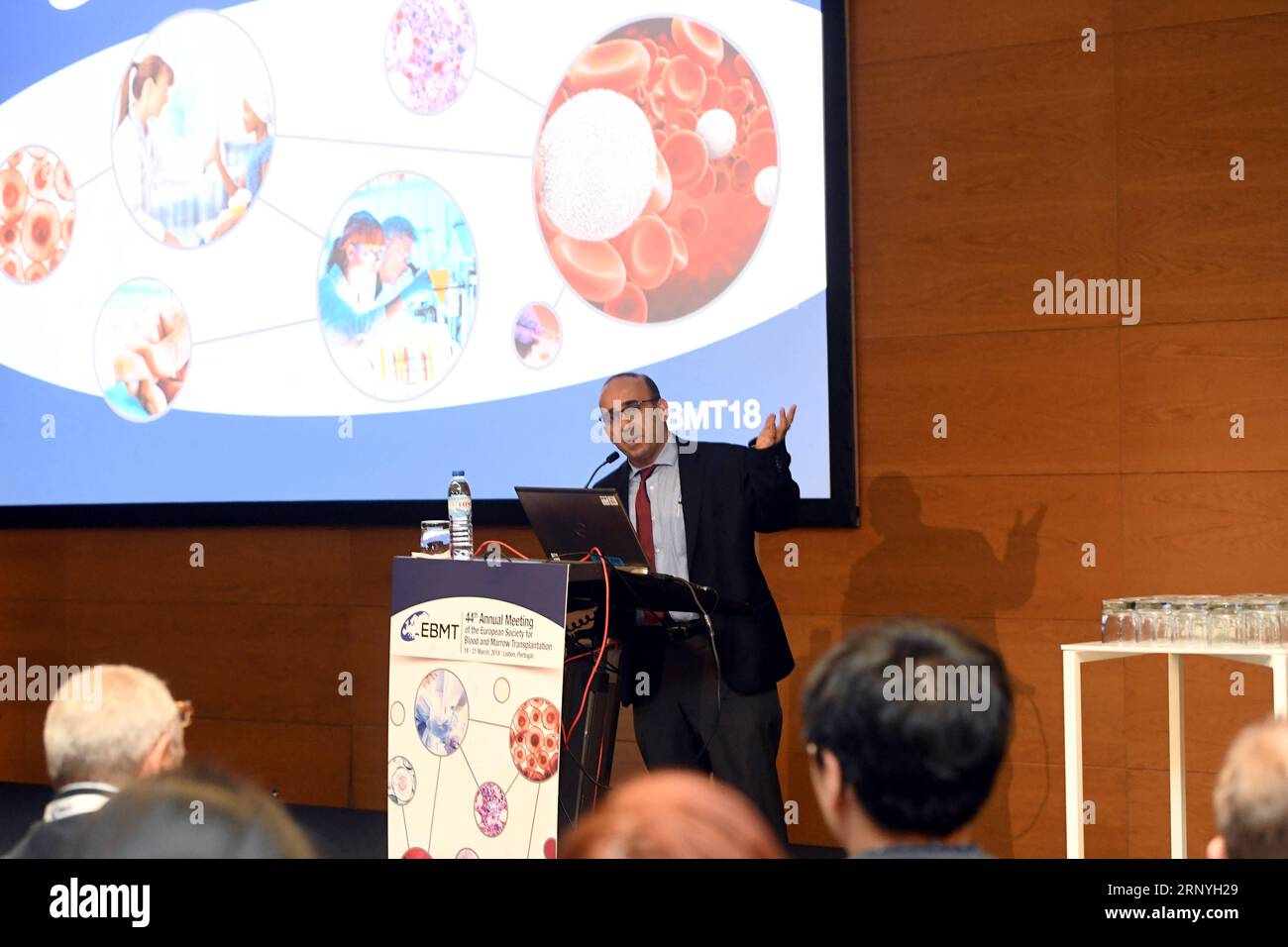 (180320) -- LISBON, March 20, 2018 -- French professor Mohamad Mohty speaks at the meeting of the European Society for Blood and Marrow Transplantation in Lisbon, Portugal, on March 19, 2018. The 44th Annual Meeting of the European Society for Blood and Marrow Transplantation (EBMT) began its second day in Lisbon on Monday with a presentation by Professor Huang Xiaojun, chairman of the Peking University Institute of Hematology. )(axy) PORTUGAL-LISBON-EUROPEAN BLOOD DISEASE CONFERENCE ZhangxLiyun PUBLICATIONxNOTxINxCHN Stock Photo