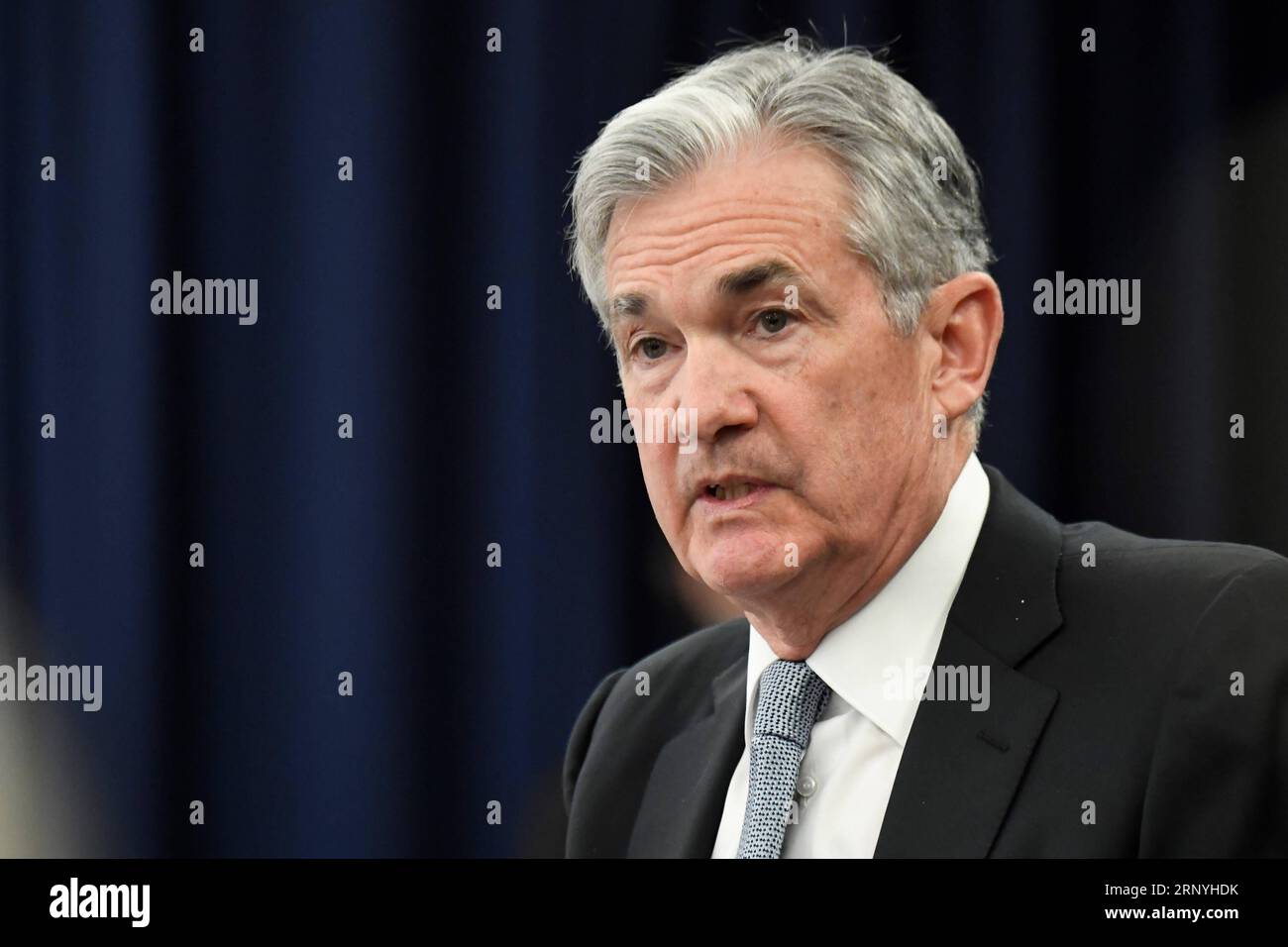 (180321) -- WASHINGTON, March 21, 2018 -- U.S. Federal Reserve Chair Jerome Powell speaks during a news conference in Washington D.C., the United States, on March 21, 2018. The U.S. Federal Reserve on Wednesday raised the benchmark interest rate by 25 basis points and signaled two more rate hikes in 2018, citing strengthened economic outlook in recent months. ) U.S.-WASHINGTON D.C.-FEDERAL RESERVE-INTEREST RATES-RAISING YangxChenglin PUBLICATIONxNOTxINxCHN Stock Photo