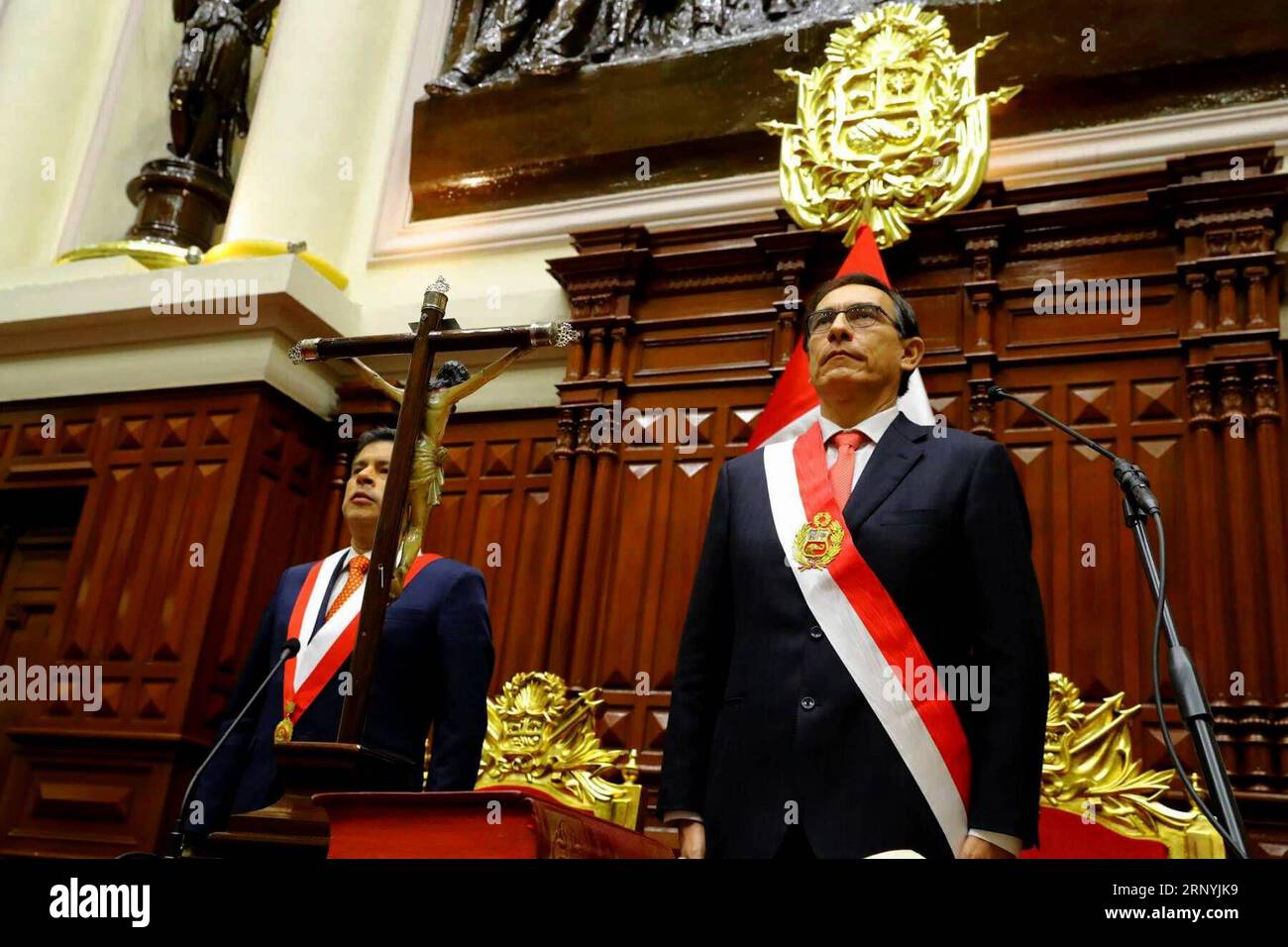 (180323) -- LIMA, March 23, 2018 -- Peru s new President Martin Vizcarra (R) is seen after taking the oath of office in Lima, Peru, on March 23, 2018. Peru s new President Martin Vizcarra took the oath of office on Friday, pledging to take a strong stance against corruption in government. /Andres Valle) PERU-LIMA-MARTIN VIZCARRA-NEW PRESIDENT ANDINA PUBLICATIONxNOTxINxCHN Stock Photo