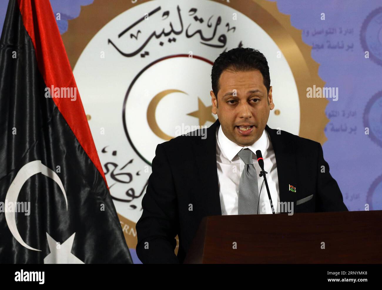 (180326) -- TRIPOLI, March 26, 2018 -- Spokesman of the Libyan UN-backed government Mohamed Al-Sallak speaks during a press conference in Tripoli, Libya, March 26, 2018. Mohamed Al-Sallak on Monday denied reports that the government had offered a deal to the eastern-based army, led by General Khalifa Haftar, to share power. ) LIBYA-TRIPOLI-EASTERN-BASED ARMY-DEAL-DENYING HamzaxTurkia PUBLICATIONxNOTxINxCHN Stock Photo