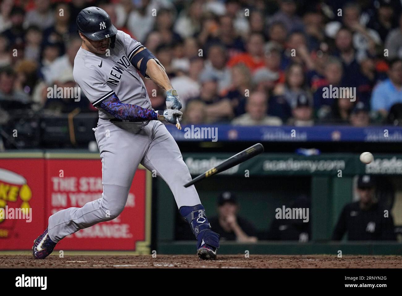 New York Yankees designated hitter Giancarlo Stanton breaks his bat on a  groundout during the sixth inning of the team's baseball game against the  Houston Astros, Saturday, Sept. 2, 2023, in Houston. (