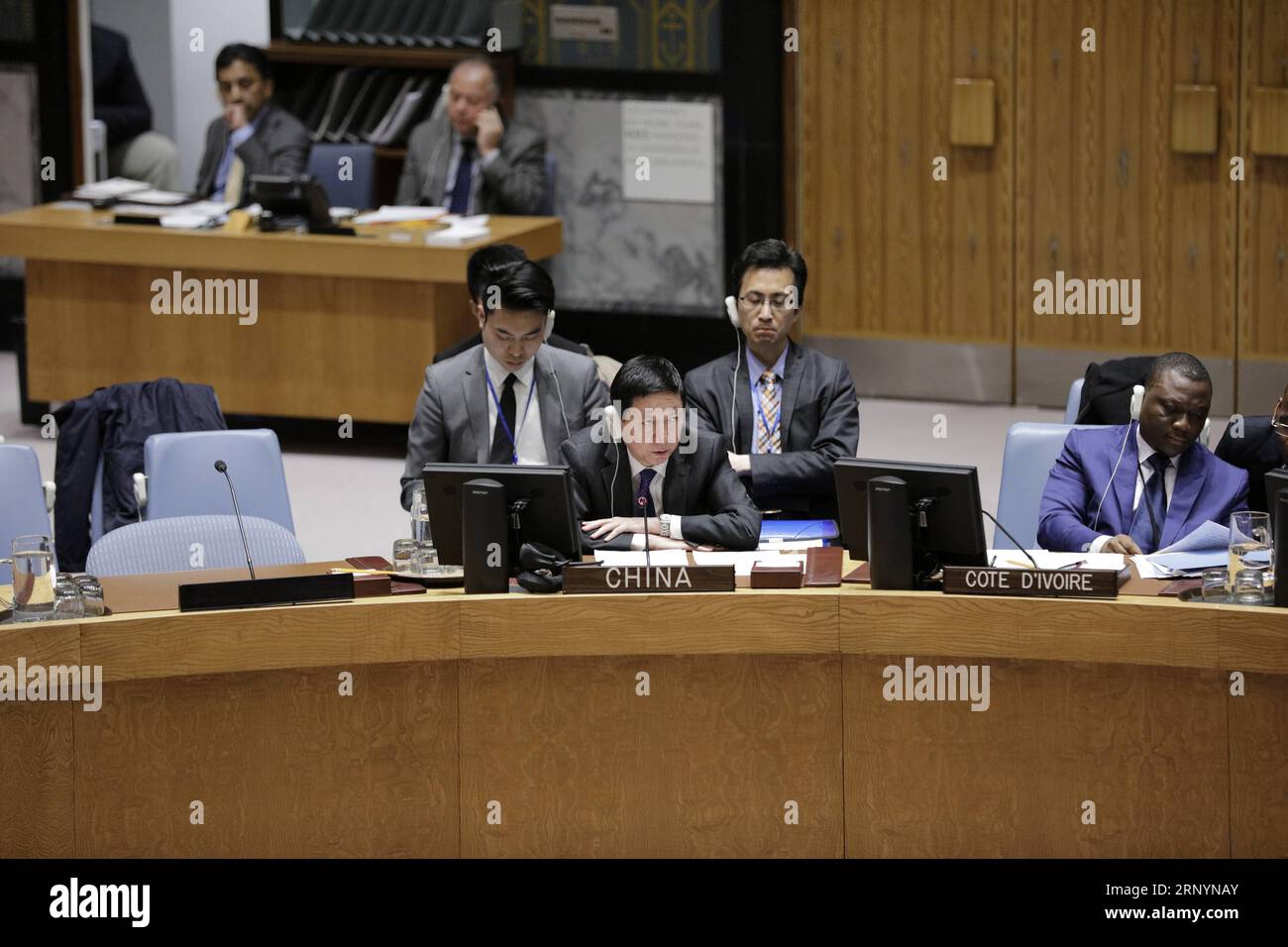 (180327) -- UNITED NATIONS, March 27, 2018 -- China s deputy permanent representative to the United Nations Wu Haitao (L, front) addresses a United Nations Security Council meeting on the humanitarian situation in Syria, at the UN headquarters in New York, March 27, 2018. UN Undersecretary-General for Humanitarian Affairs and Emergency Relief Coordinator Mark Lowcock said Tuesday that the last few months have been some of the worst for Syrian civilians as a result of ongoing violence. ) UN-SECURITY COUNCIL-SYRIA-HUMANITARIAN SITUATION LixMuzi PUBLICATIONxNOTxINxCHN Stock Photo