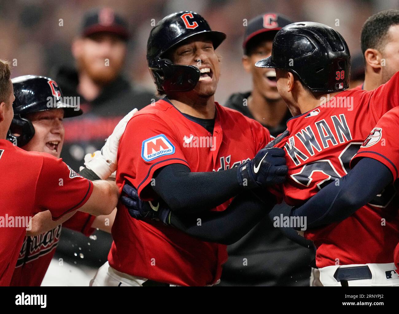 Cleveland Guardians' Josh Naylor, left, and Steven Kwan celebrate