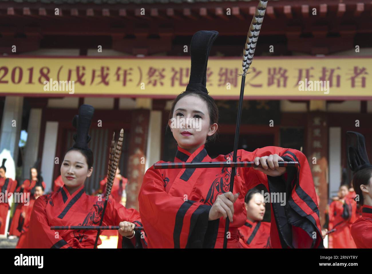 (180403) -- CHENGGU, April 3, 2018 -- People perform on the ceremony in memory of Zhang Qian, in Chenggu County, northwest China s Shaanxi Province, April 3, 2018. Zhang Qian, a royal emissary in China s Han Dynasty (202 B.C.-220 A.D.), traveled westward on a mission of peace and opened an overland route linking the East and the West, a daring undertaking which came to be known as Zhang Qian s journey to the Western regions. ) (dhf) CHINA-SHAANXI-ZHANG QIAN-CEREMONY (CN) TaoxMing PUBLICATIONxNOTxINxCHN Stock Photo