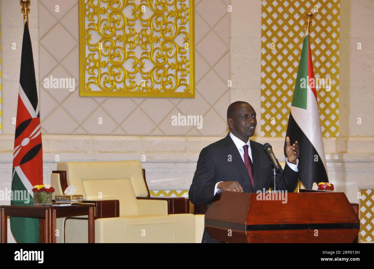 (180411) -- KHARTOUM, April 11, 2018 -- Kenyan Deputy President William Ruto speaks at a joint press conference with Sudan s First Vice-President Bakri Hassan Saleh (not seen in the picture) in Khartoum, Sudan, April 11, 2018. Sudan and Kenya on Wednesday reiterated their commitment to working together to resolve Africa s security issues, particularly in South Sudan. The announcement came in a communique during the joint talks chaired by Sudan s First Vice-President Bakri Hassan Saleh and visiting Kenyan Deputy President William Ruto. ) SUDAN-KHARTOUM-KENYA-VISIT-JOINT CONFERENCE MohamedxKhidi Stock Photo