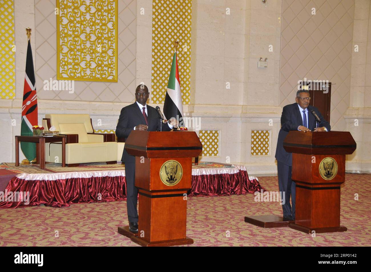(180411) -- KHARTOUM, April 11, 2018 -- Kenyan Deputy President William Ruto (L) and Sudan s First Vice-President Bakri Hassan Saleh attend a joint press conference in Khartoum, Sudan, April 11, 2018. Sudan and Kenya on Wednesday reiterated their commitment to working together to resolve Africa s security issues, particularly in South Sudan. The announcement came in a communique during the joint talks chaired by Sudan s First Vice-President Bakri Hassan Saleh and visiting Kenyan Deputy President William Ruto. ) SUDAN-KHARTOUM-KENYA-VISIT-JOINT CONFERENCE MohamedxKhidir PUBLICATIONxNOTxINxCHN Stock Photo