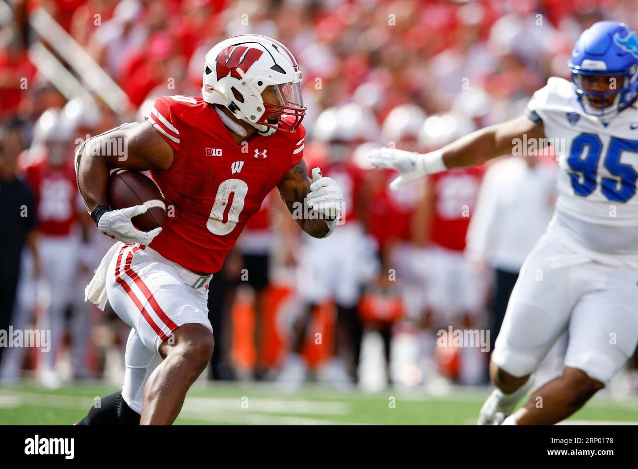 Madison, WI, USA. 2nd Sep, 2023. Wisconsin Badgers running back Braelon Allen (0) rushing the ball during the NCAA Football game between the Buffalo Bulls and the Wisconsin Badgers at Camp Randall Stadium in Madison, WI. Darren Lee/CSM/Alamy Live News Stock Photo