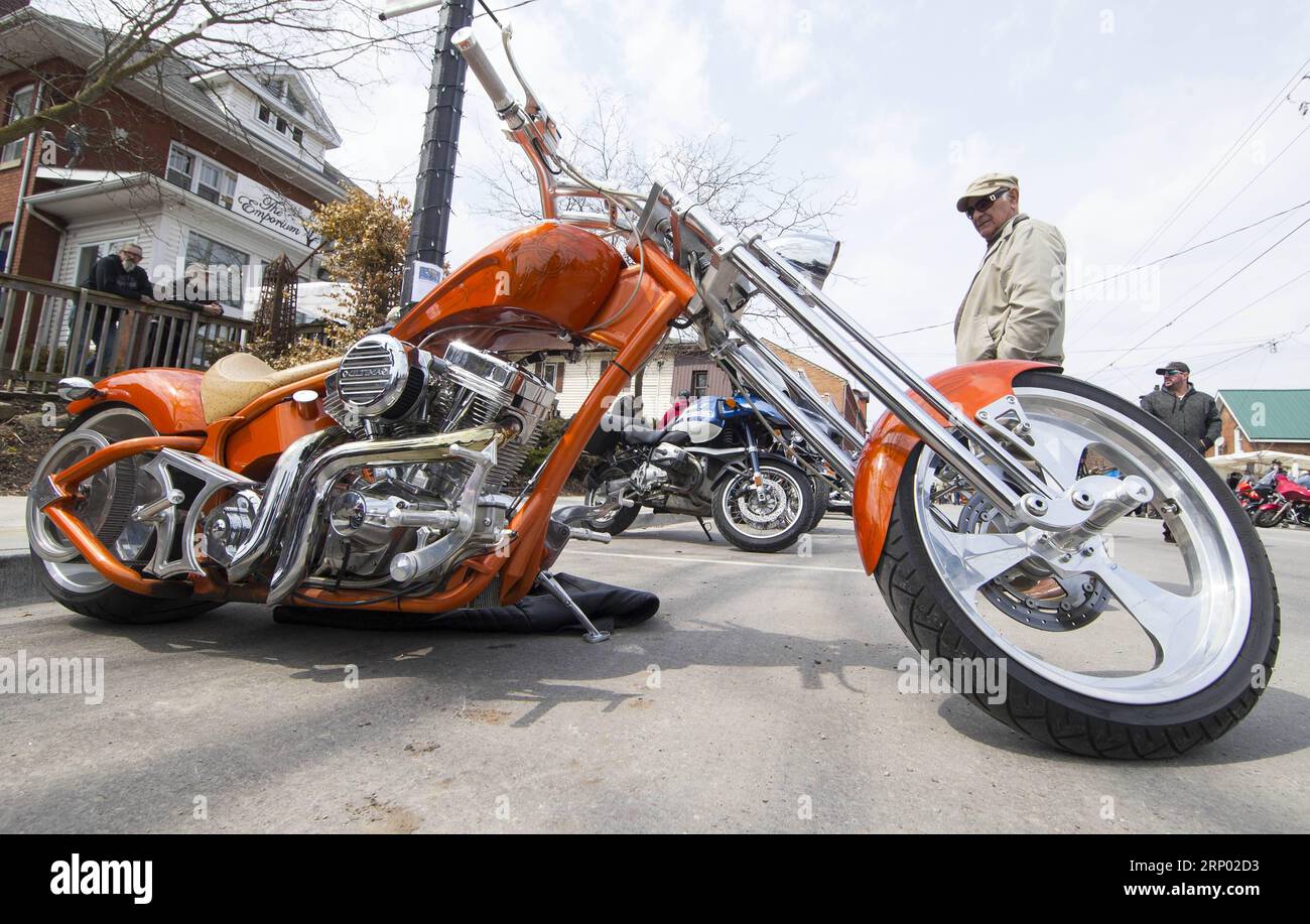 (180414) -- PORT DOVER, April 14, 2018 -- People gather for the Friday the 13th Motorcycle Rally in Port Dover, Ontario, Canada, on April 13, 2018. The traditional event is held every Friday the 13th in the small southwestern Ontario town since 1981.) (yy) CANADA-PORT DOVER-FRIDAY THE 13TH-MOTORCYCLE RALLY zouxzheng PUBLICATIONxNOTxINxCHN Stock Photo