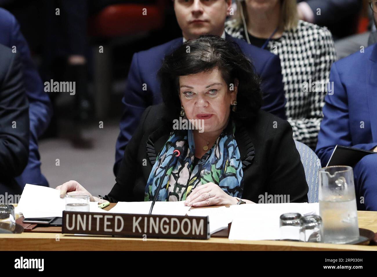 (180414) -- UNTIED NATIONS, April 14, 2018 -- British Ambassador to the United Nations Karen Pierce (Front) addresses a Security Council emergency meeting on Syria at the UN headquarters in New York, April 14, 2018. UN Security Council held an emergency meeting on Syria requested by Russia on Saturday. UN Secretary-General Antonio Guterres expressed concern over Friday s joint military action against Syria by the United States, France and Britain, and called for adherence to the UN Charter and international law on the issue. ) UN-SECURITY COUNCIL-SYRIA-EMERGENCY MEETING LixMuzi PUBLICATIONxNOT Stock Photo