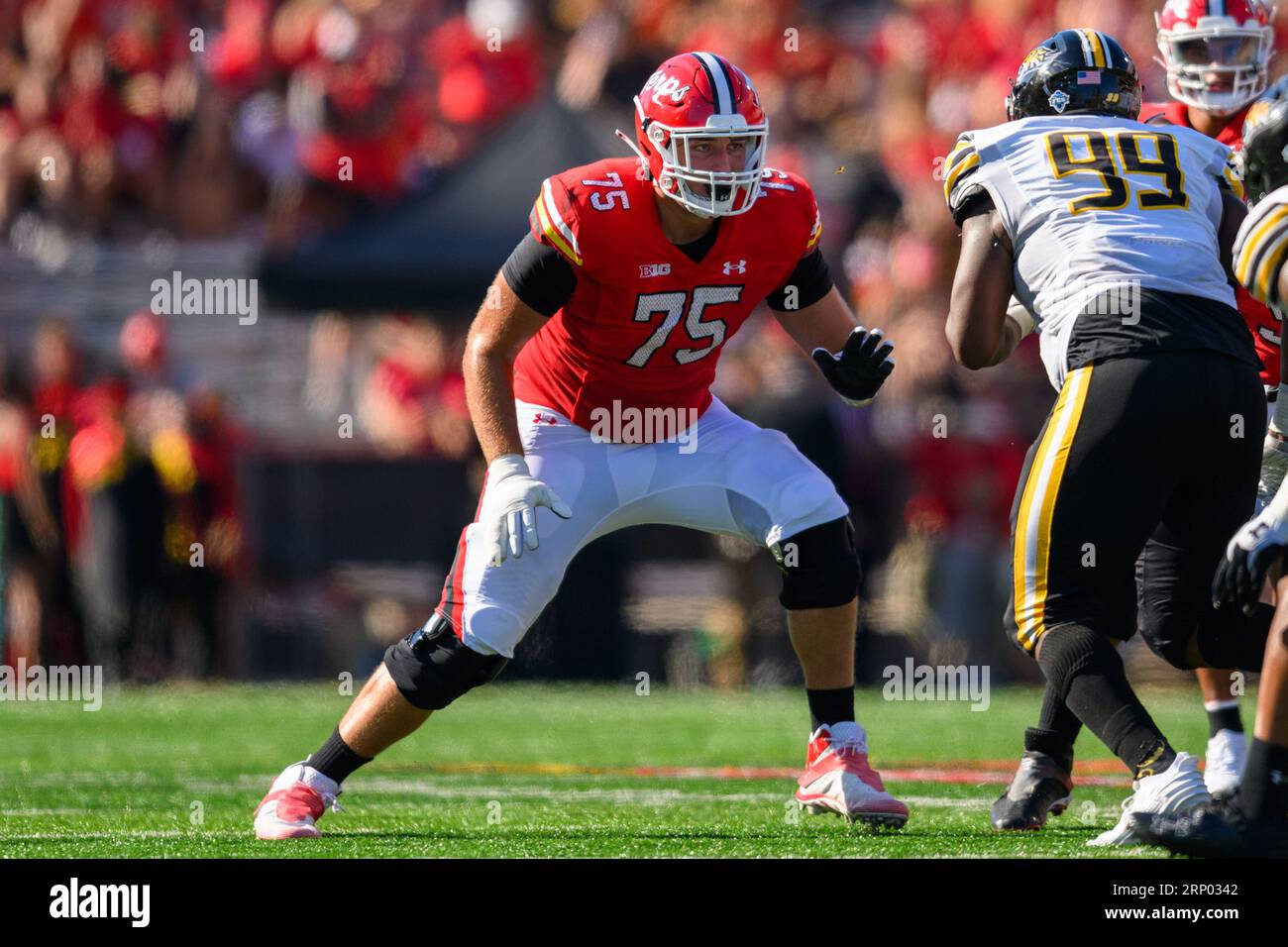 College Park, MD, USA. 02nd Sep, 2023. Maryland Terrapins offensive lineman Conor Fagan (75) pass blocks during the NCAA football game between the Maryland Terrapins and the Towson Tigers at SECU Stadium in College Park, MD. Reggie Hildred/CSM (Credit Image: © Reggie Hildred/Cal Sport Media). Credit: csm/Alamy Live News Stock Photo