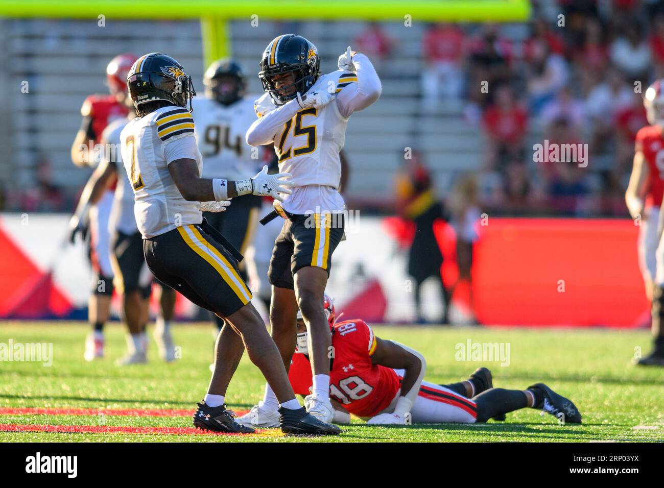 College Park, MD, USA. 02nd Sep, 2023. Towson Tigers defensive back CJ McClendon (25) reacts after defending a pass during the NCAA football game between the Maryland Terrapins and the Towson Tigers at SECU Stadium in College Park, MD. Reggie Hildred/CSM/Alamy Live News Stock Photo