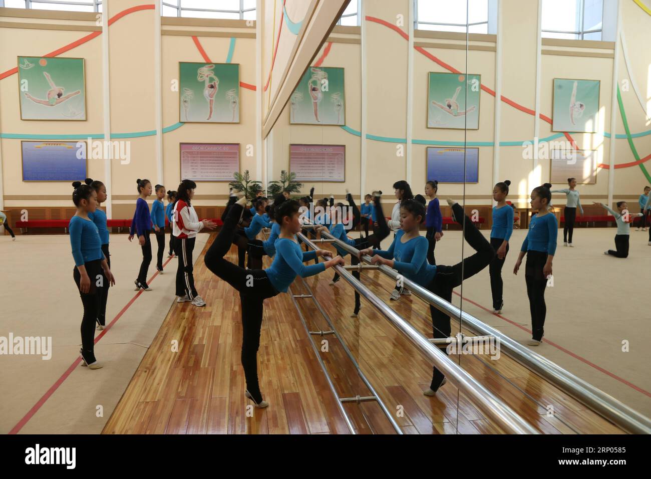 (180420) -- PYONGYANG, April 20, 2018 -- Students of the rhythmic gymnastics group exercise at the Mangyongdae Schoolchildren s Palace on the western outskirts of Pyongyang, capital of the Democratic People s Republic of Korea (DPRK), on April 19, 2018. ) DPRK-PYONGYANG-MANGYONGDAE SCHOOLCHILDREN S PALACE ChengxDayu PUBLICATIONxNOTxINxCHN Stock Photo