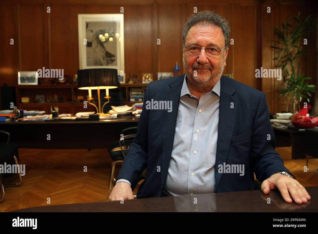 (180501) -- ATHENS, May 1, 2018 -- Photo taken on April 30, 2018 shows Greek Economy and Development Deputy Minister Stergios Pitsiorlas at his office in Athens, Greece. Greece sees great prospects and hope in the Belt and Road Initiative and claims a key role in cooperation between Europe and China, Greek Economy and Development Deputy Minister Stergios Pitsiorlas told Xinhua in an interview on Monday. ) The photo goes with article titled Interview: Greece sees prospects, hope in B&R Initiative: minister. GREECE-ATHENS-ECONOMY AND DEVELOPMENT DEPUTY MINISTER-INTERVIEW MariosxLolos PUBLICATION Stock Photo