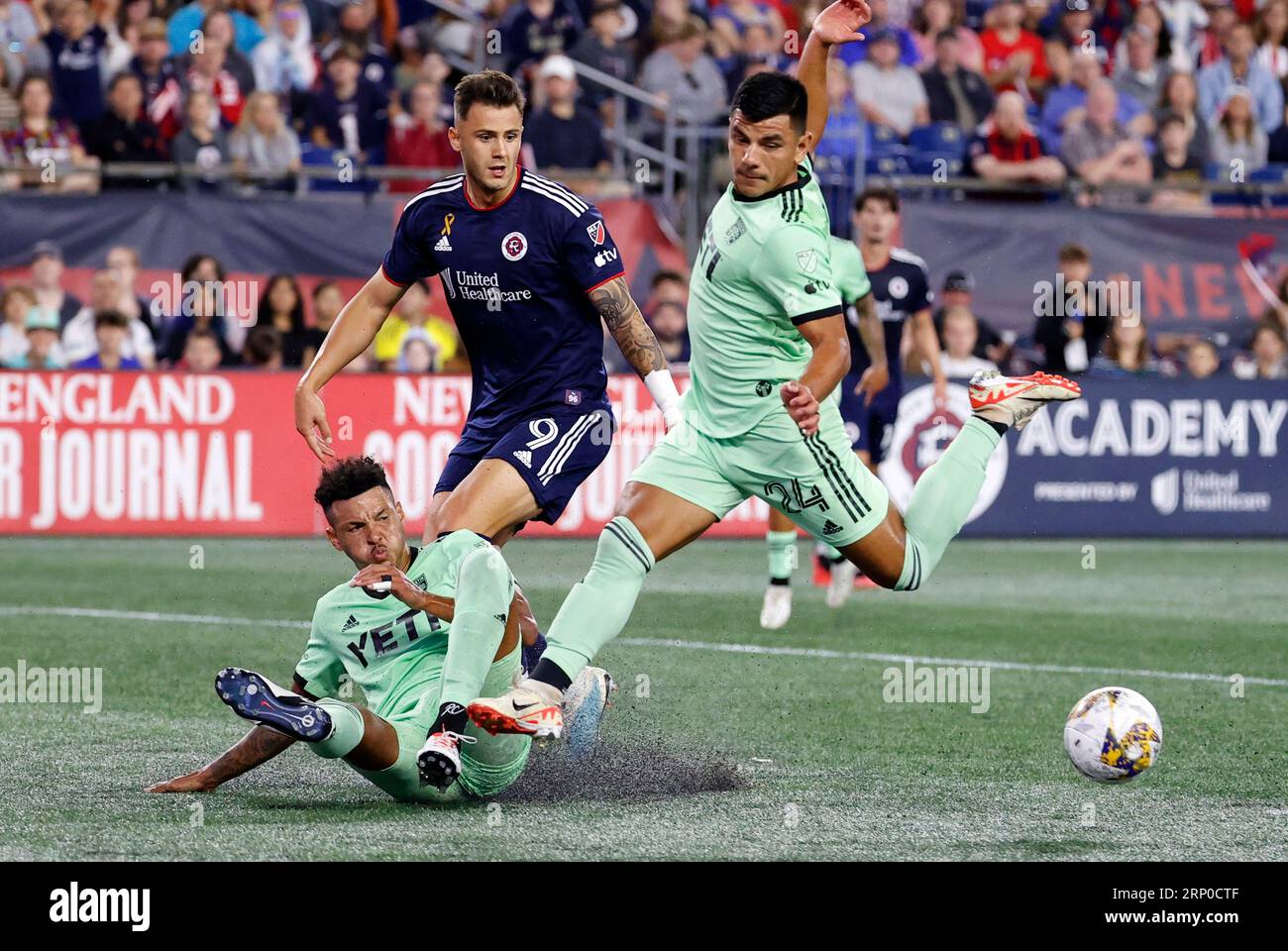 FOXBOROUGH, MA - SEPTEMBER 02: The ball pops free from Austin FC 