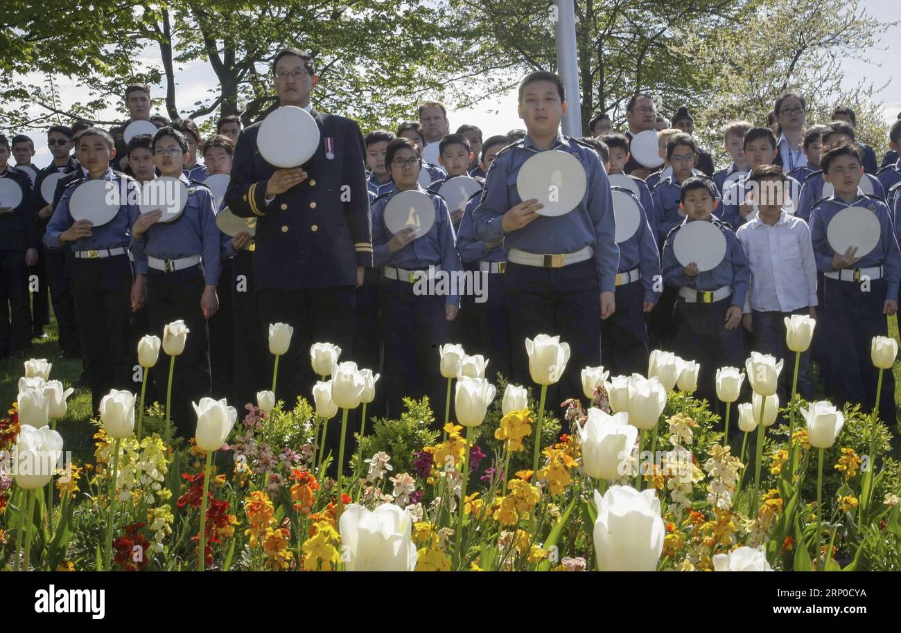(180507) -- VANCOUVER, May 7, 2018 -- Sea Cadets take a moment of silence during a ceremony to mark the 73rd anniversary of the Battle of the Atlantic, in Vancouver, Canada, May 6, 2018. ) (lrz) CANADA-VANCOUVER-BATTLE OF THE ATLANTIC-ANNIVERSARY Liangxsen PUBLICATIONxNOTxINxCHN Stock Photo