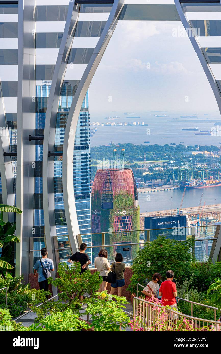 Views over the CBD towards the Singapore Strait from the 51st level roof top sky garden in biophilic designed CapitaSpring building in Singapore Stock Photo