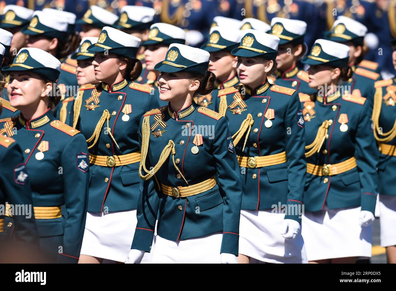 (180509) -- MOSCOW, May 9, 2018 -- Russian female soldiers march during the Victory Day parade in Moscow, Russia, May 9, 2018. The 73rd anniversary of the victory over Nazi Germany in World War Two was marked here on Wednesday. ) (srb) RUSSIA-MOSCOW-VICTORY DAY-PARADE EvgenyxSinitsyn PUBLICATIONxNOTxINxCHN Stock Photo