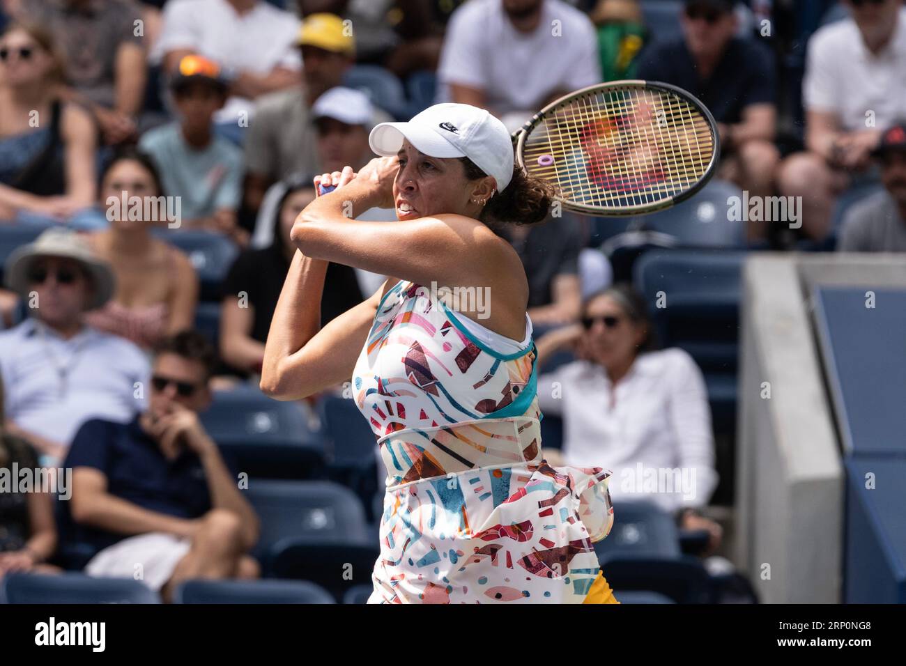 Madison Keys of USA returns ball during 3rd round against Liudmila Samsonova at the US Open