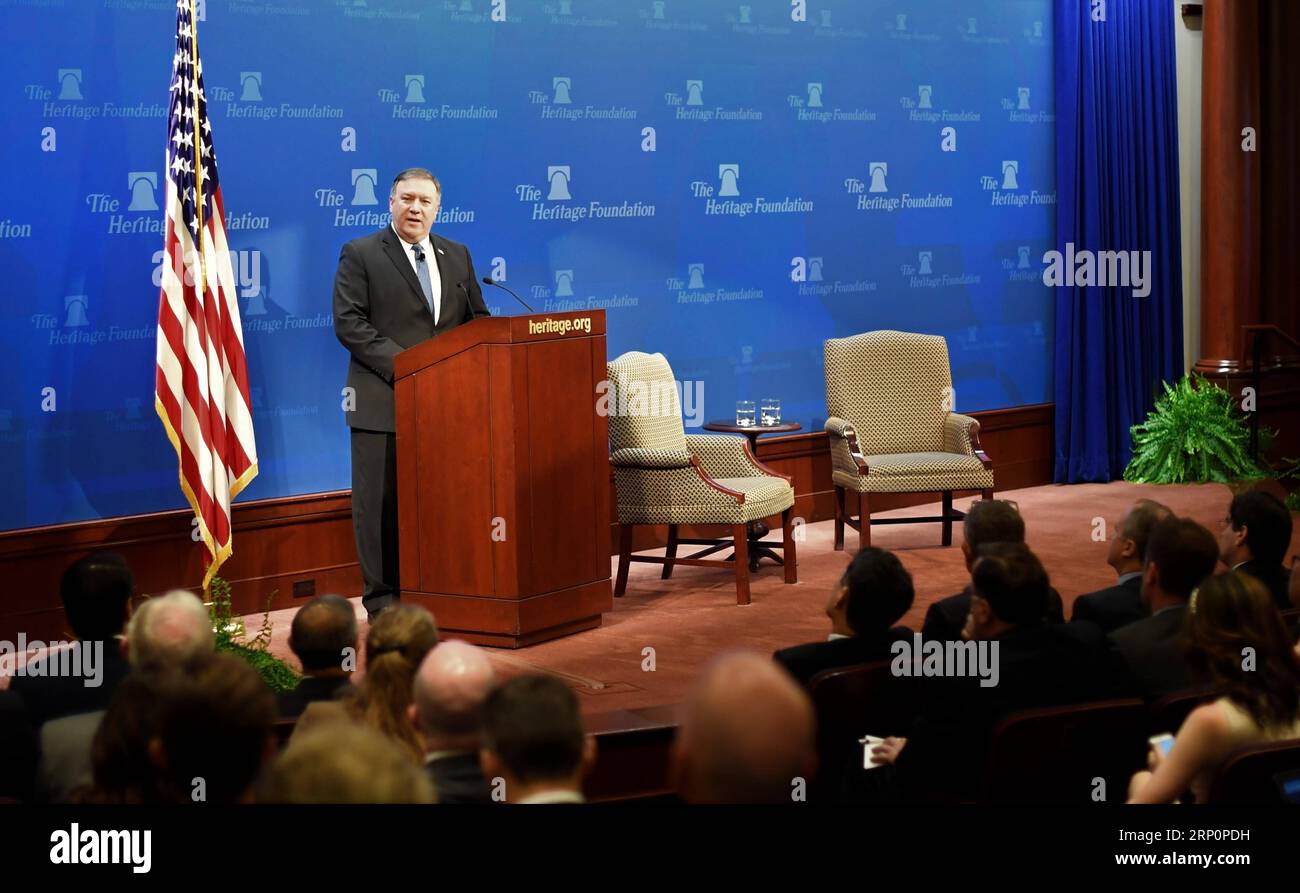 (180521) -- WASHINGTON, May 21, 2018 -- U.S. Secretary of State Mike Pompeo (Rear) delivers a speech regarding U.S. policy after withdrawing from Iran nuclear deal at the Heritage Foundation in Washington D.C., the United States, on May 21, 2018. Mike Pompeo on Monday chastised Iran for its nuke and missile programs, vowing to issue Tehran the toughest sanctions in history if it does not change course. ) U.S.-WASHINGTON D.C.-POMPEO-IRAN-SPEECH YangxChenglin PUBLICATIONxNOTxINxCHN Stock Photo
