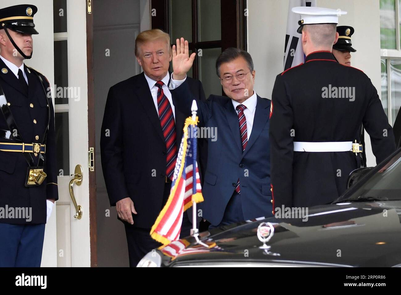 (180522) -- WASHINGTON, May 22, 2018 -- U.S. President Donald Trump (2nd L) welcomes visiting President of the Republic of Korea (ROK) Moon Jae-in (3rd L) at the White House in Washington D.C., the United States, on May 22, 2018. ) U.S.-WASHINGTON D.C.-TRUMP-ROK-PRESIDENT-MEETING YangxChenglin PUBLICATIONxNOTxINxCHN Stock Photo