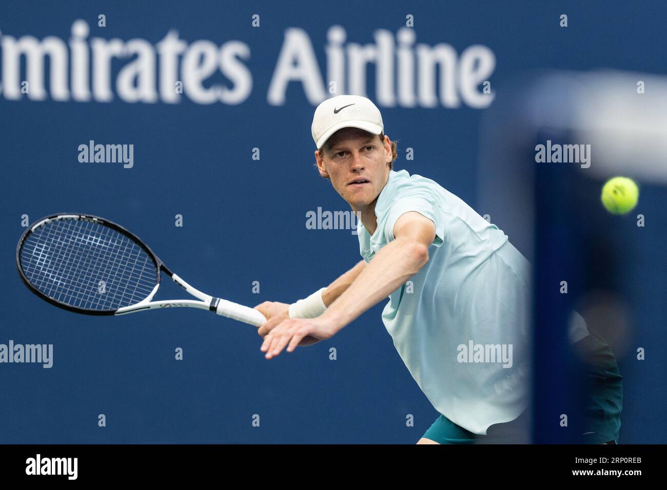 Jannik Sinner of Italy returns ball during 3rd round against Stan Wawrinka  of Switzerland at the US Open Championships at Billie Jean King Tennis  Center in New York on September 2, 2023