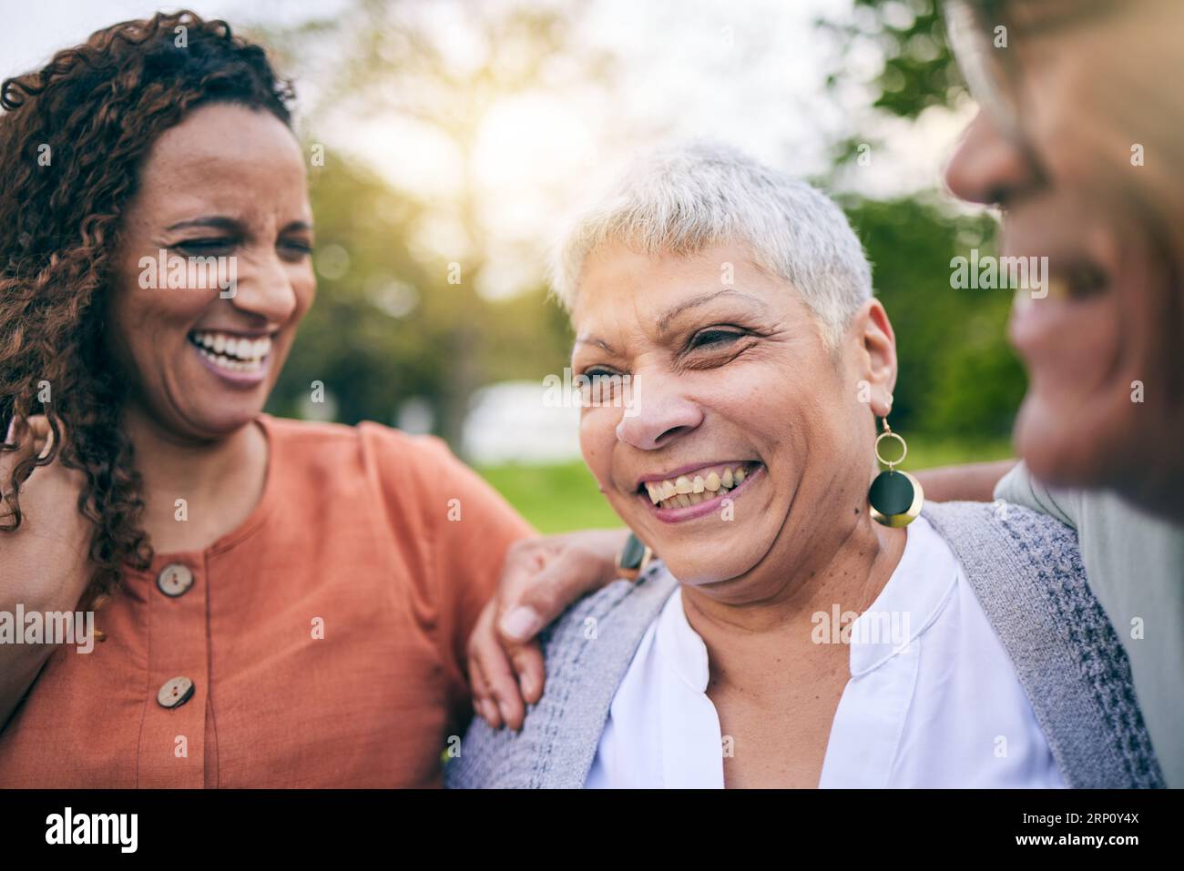Elderly parents, happy woman or laughing at park with love, care and bond on outdoor travel to relax. Senior father, mature mother or face of funny Stock Photo