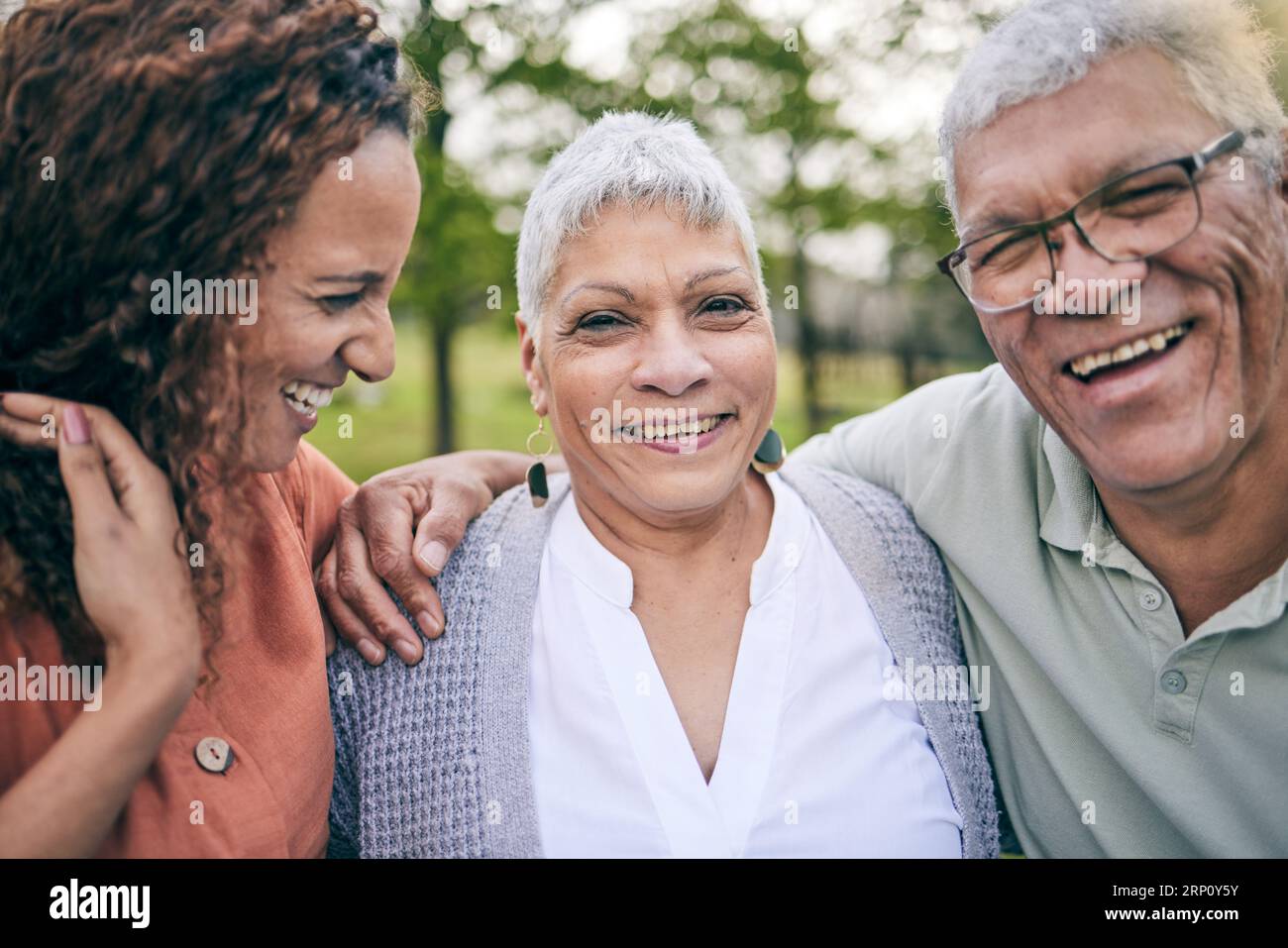 Elderly parents, happy woman or portrait at park with love, care and bond laughing on outdoor travel. Senior father, mature mother or face of funny Stock Photo