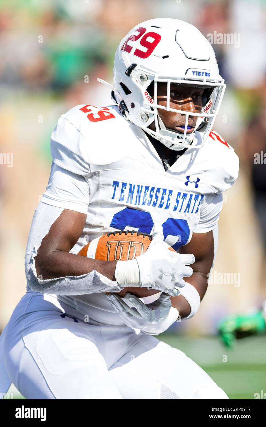 September 02, 2023: Tennessee State running back Jordan Gant (29) runs with  the ball during NCAA football game action between the Tennessee State  Tigers and the Notre Dame Fighting Irish at Notre