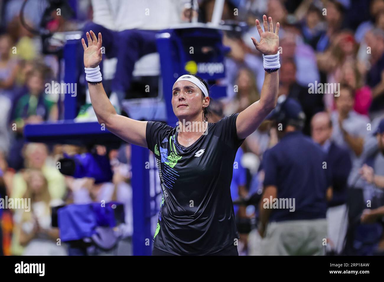 New York, New York, USA. 2nd Sep, 2023. ONS JABEUR of Tunisia celebrates her win against Czech player Marie Bouzkova during the 2023 US Open. Jabeur won the match over Bouzkova 5-7, 7-6(5), 6-3. Jabeur is the current Tunisian number one, and the highest-ranked African and Arab tennis player in WTA and ATP rankings history. (Credit Image: © Mathias Schulz/ZUMA Press Wire) EDITORIAL USAGE ONLY! Not for Commercial USAGE! Credit: ZUMA Press, Inc./Alamy Live News Stock Photo