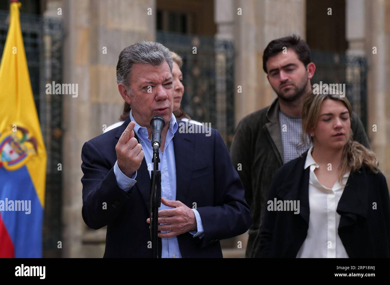 (180617) -- BOGOTA, June 17, 2018 -- Colombian President Juan Manuel Santos (Front) delivers a speech in Bogota, Colombia, on June 17, 2018. A total of 11,233 polling stations opened on Sunday morning to allow more than 36 million Colombians to elect a successor to President Juan Manuel Santos. ) ***MANDATORY CREDIT*** ***NO SALES-NO ARCHIVE*** ***EDITORIAL USE ONLY*** ***COLOMBIA OUT*** COLOMBIA-BOGOTA-PRESIDENTIAL VOTING-SECOND ROUND COLPRENSA/DiegoxPineda PUBLICATIONxNOTxINxCHN Stock Photo