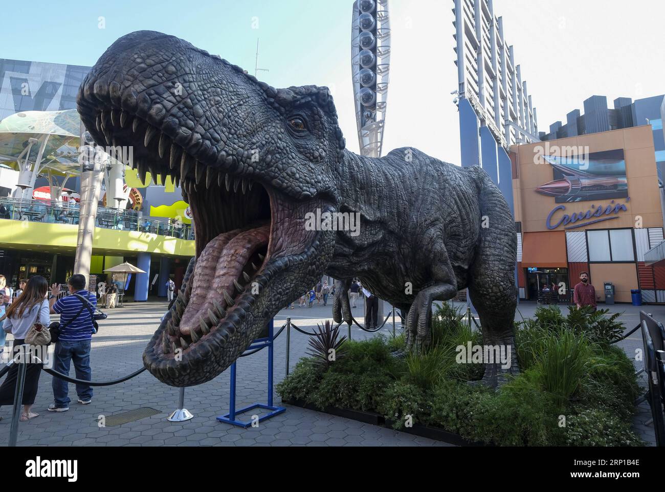 (180622) -- LOS ANGELES, June 22, 2018 -- A giant Tyrannosaurus rex statue is seen at Universal CityWalk in Los Angeles, the United States, on June 21, 2018. For the promotion of the screening of the new film Jurassic World: Fallen Kingdom on Universal Cinema Theatres, a colossal 3-ton Tyrannosaurus rex, a life-sized Gyrosphere original movie prop, as well as original costume, are displayed for public at Universal CityWalk. ) (zxj) U.S.-LOS ANGELES-DINOSAUR-STATUE ZhaoxHanrong PUBLICATIONxNOTxINxCHN Stock Photo