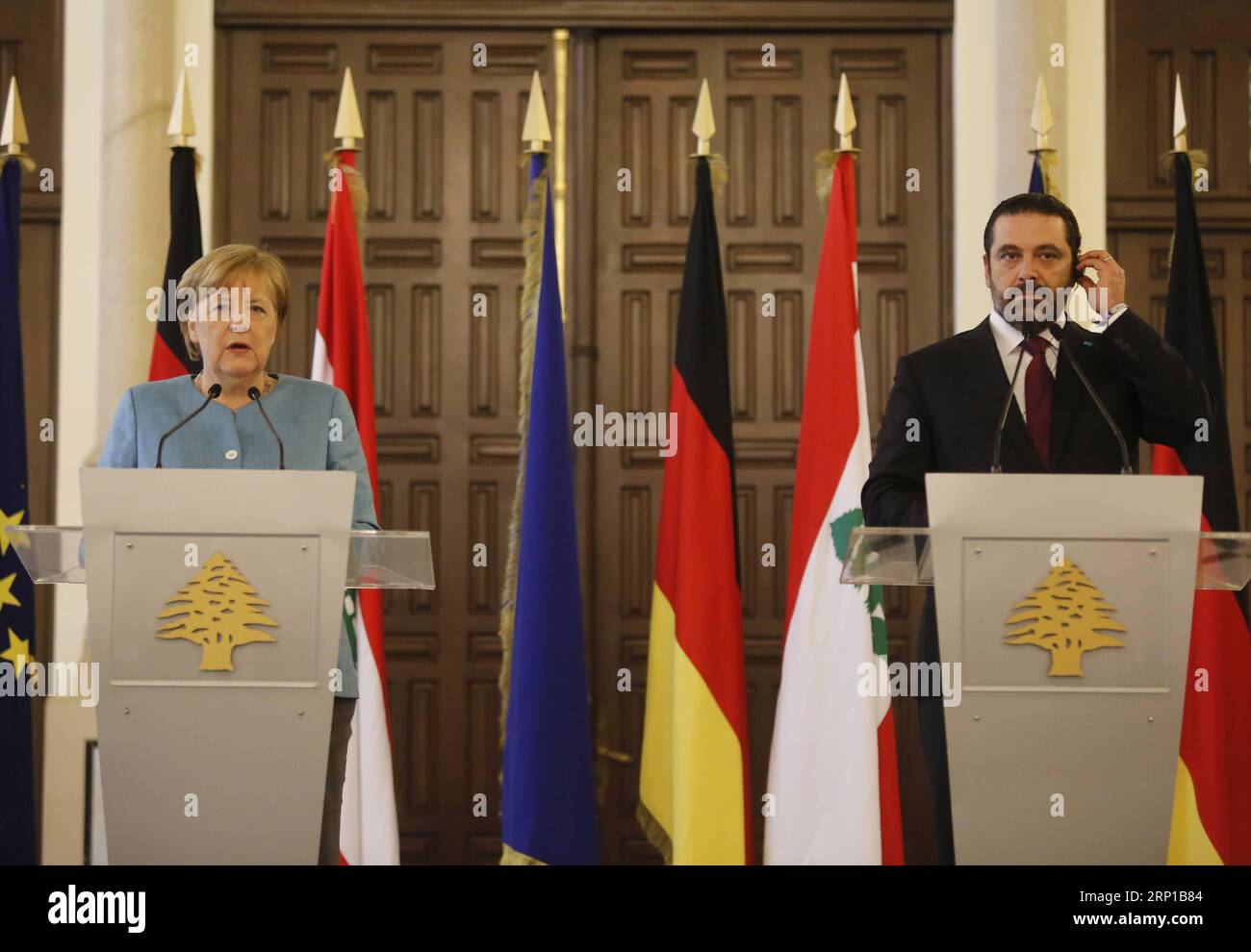 180622 -- BEIRUT, June 22, 2018 -- Visiting German Chancellor Angela Merkel L attends a joint press conference with Lebanese Prime Minister Saad Hariri at the Grand Serail in Beirut, Lebanon, June 22, 2018.  dtf LEBANON-GERMANY-DIPLOMACY BilalxJawich PUBLICATIONxNOTxINxCHN Stock Photo