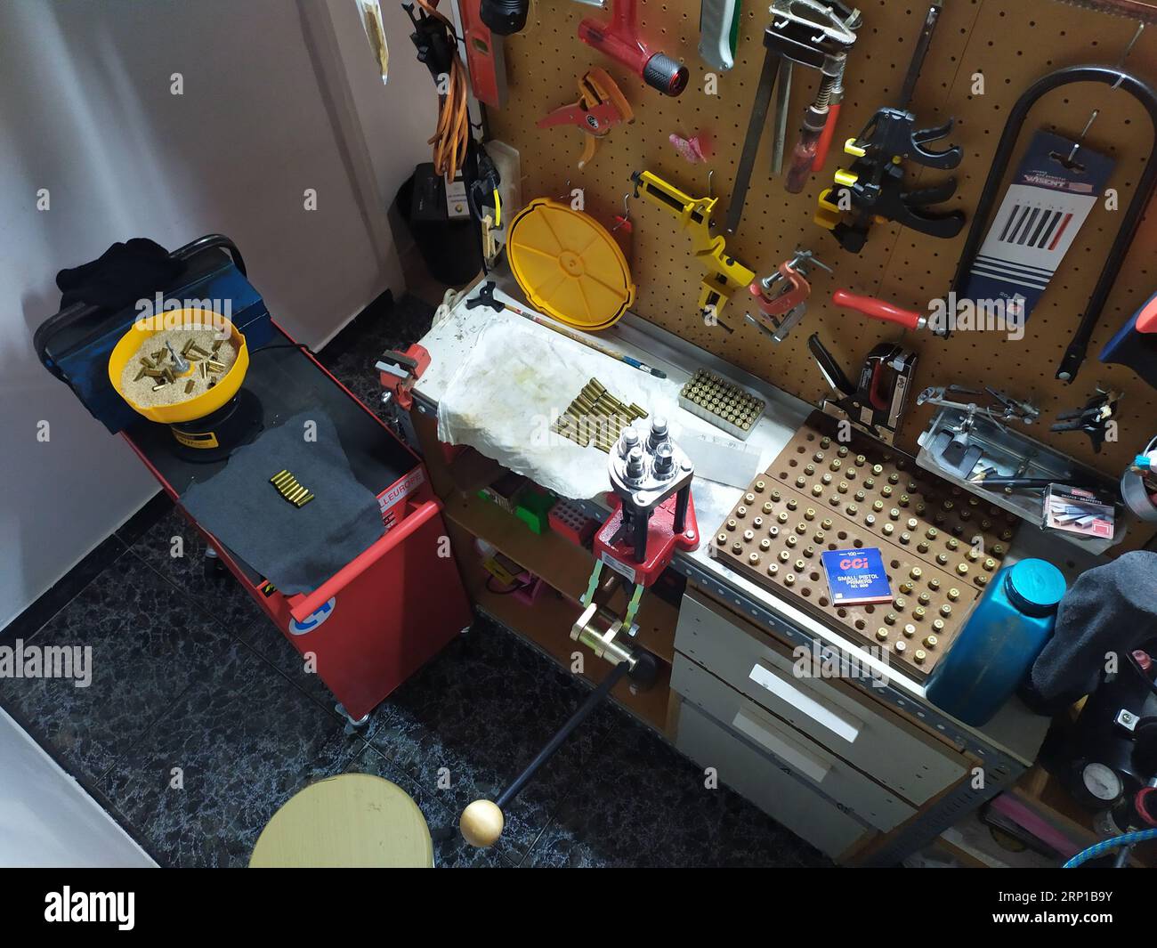 A top view of the cleaning process of the pods for reloading ammunition ...