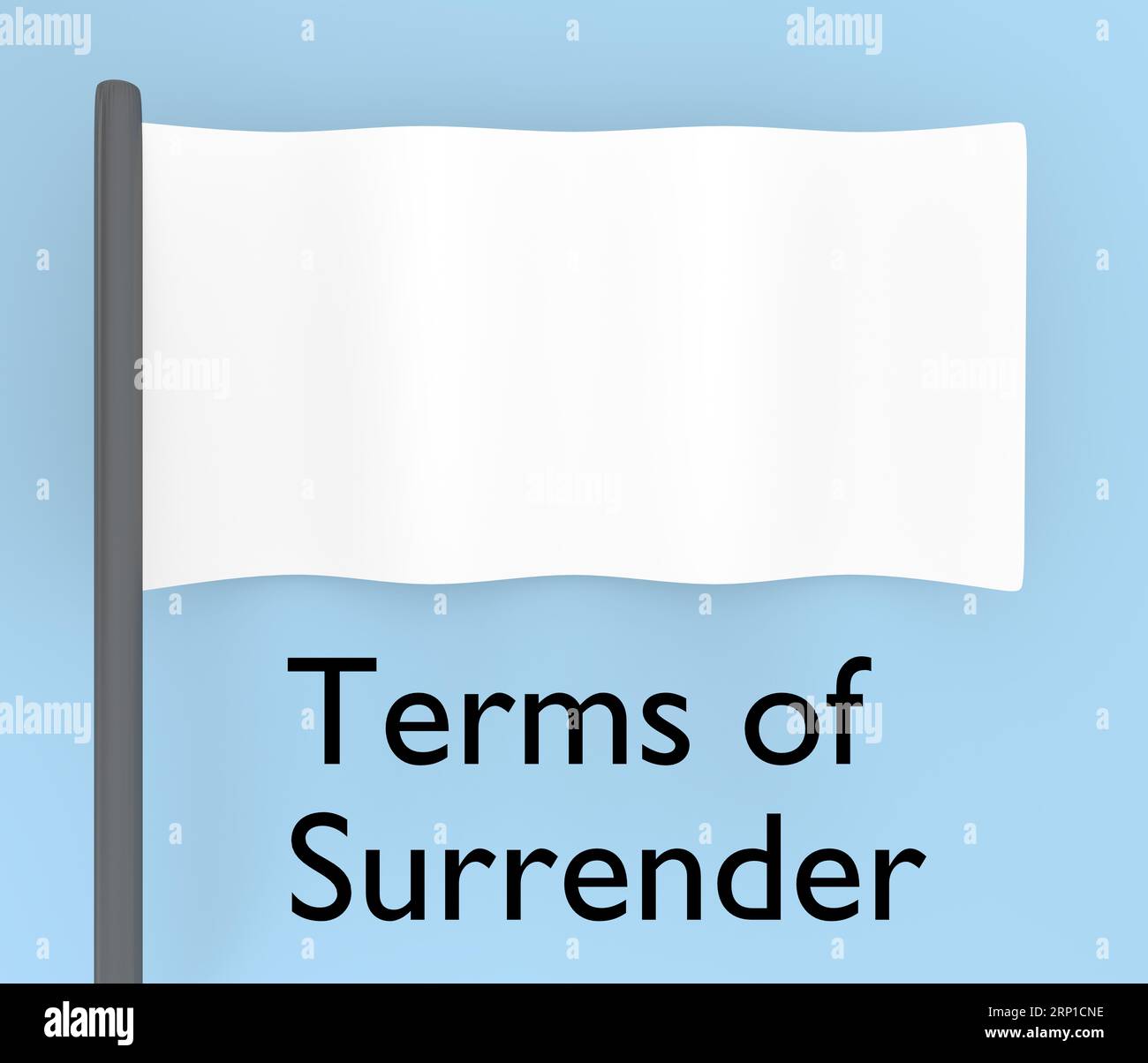 3D illustration of a white flag, titled as Terms of Surrender. Stock Photo