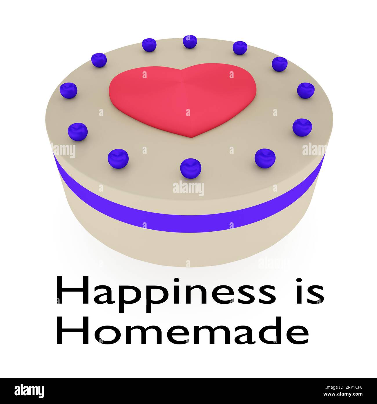 3D illustration of a red heart on top of a cake, titled as Happiness is Homemade. Stock Photo