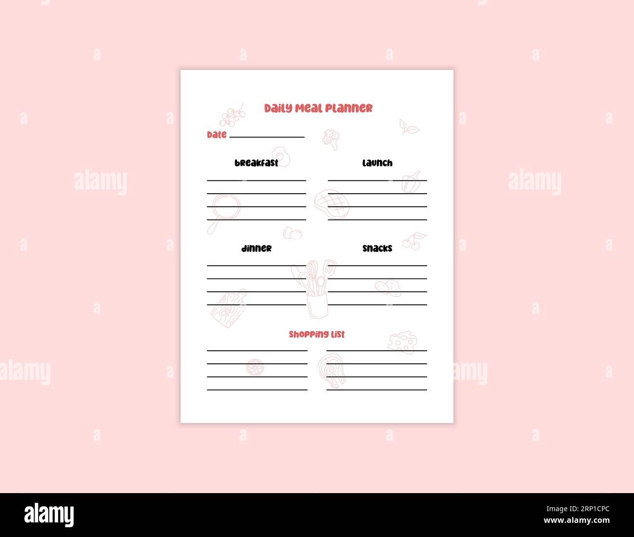 Weekly meal planner printable page. Vector template of daily