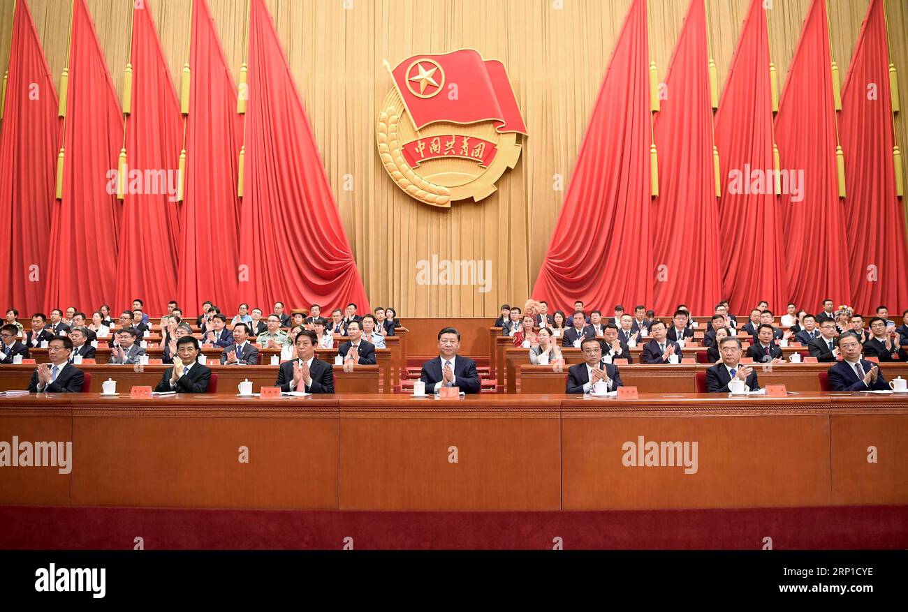 (180626) -- BEIJING, June 26, 2018 -- The Communist Youth League of China (CYLC) starts its 18th national congress in Beijing, capital of China, June 26, 2018. Leaders of the Communist Party of China (CPC) and the state, including Xi Jinping, Li Keqiang, Li Zhanshu, Wang Yang, Wang Huning, Zhao Leji and Han Zheng attended the opening session. ) (lb) CHINA-BEIJING-CYLC-18TH NATIONAL CONGRESS-OPENING (CN) LixXueren PUBLICATIONxNOTxINxCHN Stock Photo