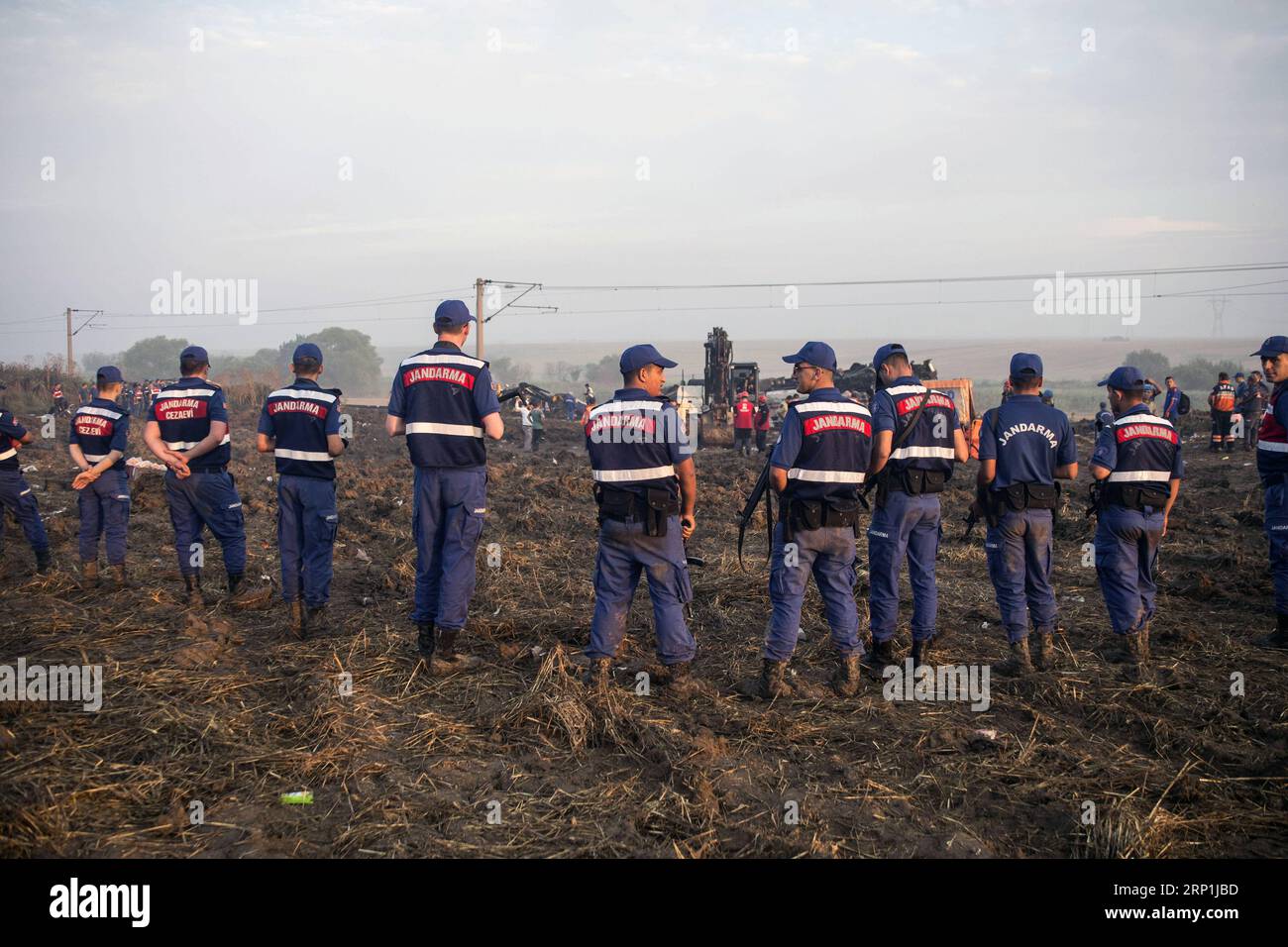 (180709) -- TEKIRDAG, July 9, 2018 () -- Gendarmerie are seen on guard at the site of a train derailment in Tekirdag, Turkey, July 9, 2018. The death toll from a train derailment that occurred Sunday in northwestern Turkey has risen to 24, the state-run news agency Anadolu quoted Deputy Prime Minister Recep Akdag as saying. () (djj) TURKEY-TEKIRDAG-TRAIN-DERAILMENT Xinhua PUBLICATIONxNOTxINxCHN Stock Photo