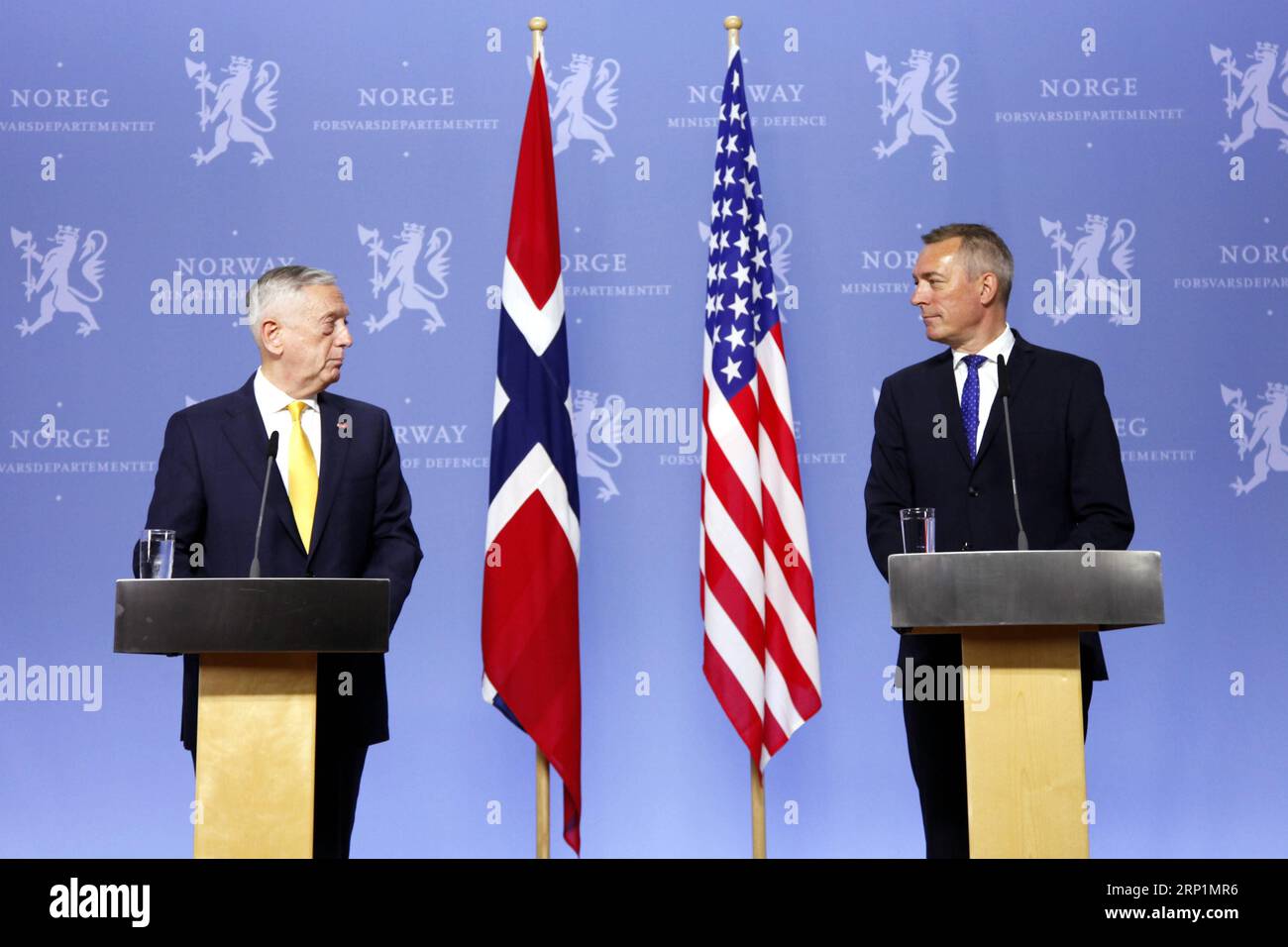 (180714) -- OSLO, July 14, 2018 -- U.S. Secretary of Defense James Mattis (L) attends a joint press conference with Norwegian Minister of Defence Frank Bakke-Jensen in Oslo, Norway, July 14, 2018. Norway on Saturday reconfirmed its commitment to gradually increase defense spending to two percent of GDP in the North Atlantic Treaty Organization (NATO) during a visit by U.S. Secretary of Defense James Mattis to the Nordic country. ) NORWAY-OSLO-U.S.-DEFENSE MINISTER-VISIT LiangxYouchang PUBLICATIONxNOTxINxCHN Stock Photo