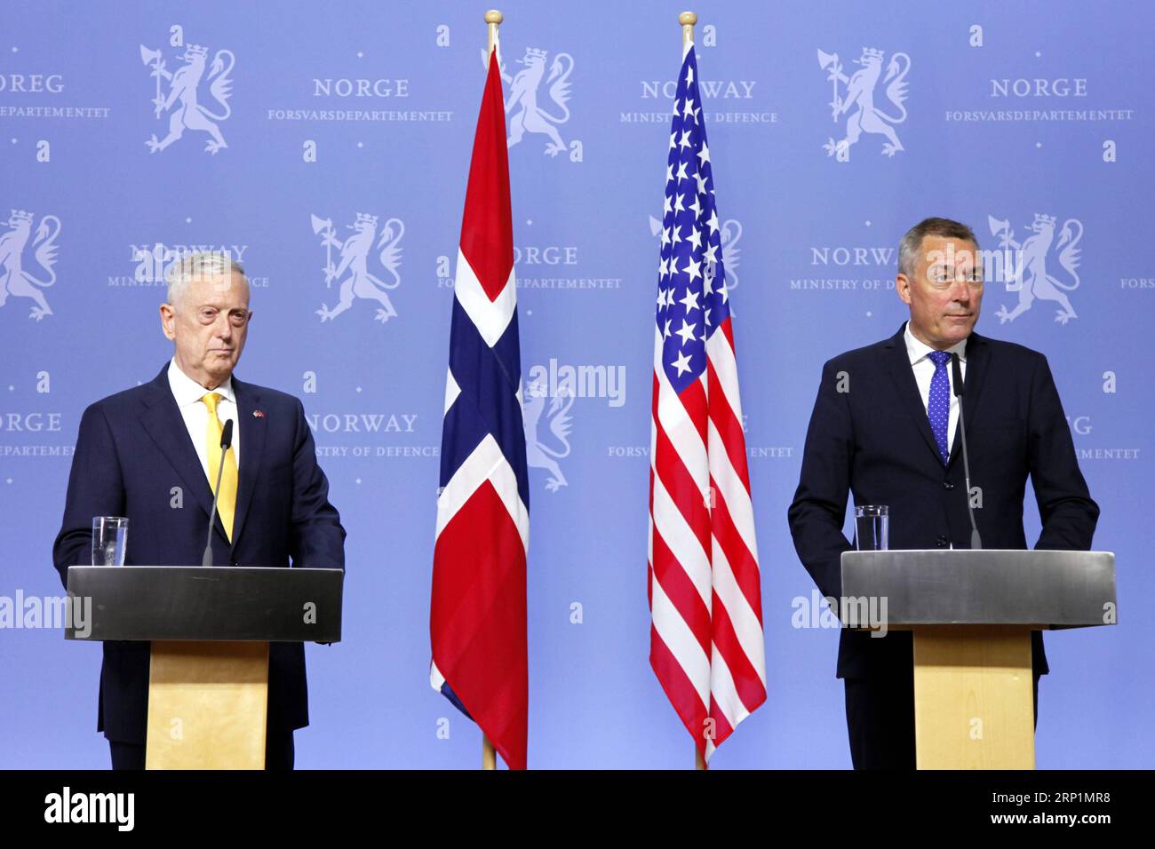 (180714) -- OSLO, July 14, 2018 -- U.S. Secretary of Defense James Mattis (L) attends a joint press conference with Norwegian Minister of Defence Frank Bakke-Jensen in Oslo, Norway, July 14, 2018. Norway on Saturday reconfirmed its commitment to gradually increase defense spending to two percent of GDP in the North Atlantic Treaty Organization (NATO) during a visit by U.S. Secretary of Defense James Mattis to the Nordic country. ) NORWAY-OSLO-U.S.-DEFENSE MINISTER-VISIT LiangxYouchang PUBLICATIONxNOTxINxCHN Stock Photo