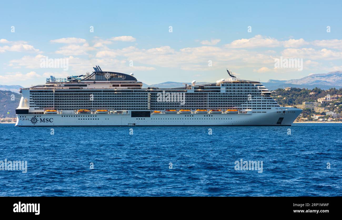 Cannes, France July 31, 2022 MSC Meraviglia cruiser ship of MSC