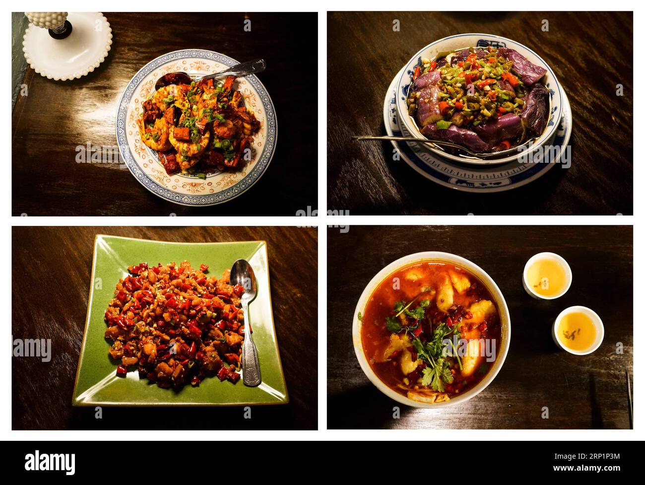 (180717) -- NEW YORK, July 17, 2018 -- The combined photo shows Kung Fu Shrimp (top L), Sichuan-style eggplants (top R), Chongqing braised fish stew (bottom R) and Chongqing spicy chicken (bottom L) made by Cafe China in New York, the United States, on July 5, 2018. Walking in the bustling street of midtown Manhattan, you may not notice Cafe China if there weren t so many people waiting for seats outside the Chinese restaurant. Although the space is limited and decoration not so luxury, Cafe China has won Michelin one star for six consecutive years from 2012 to 2017. Wang Yiming and Zhang Xian Stock Photo
