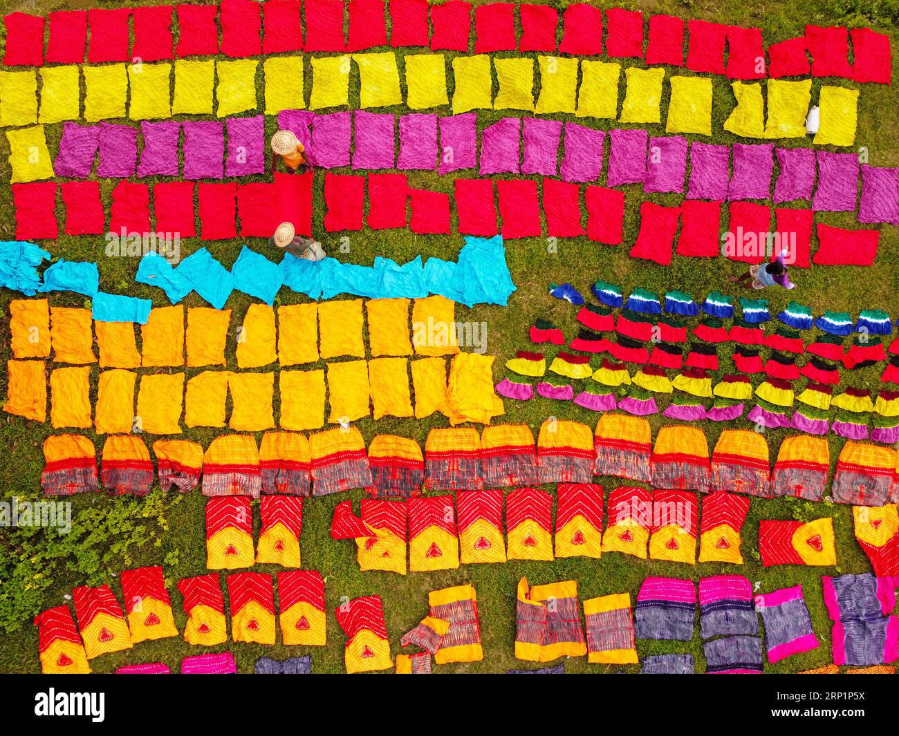 Narayanganj, Dhaka, Bangladesh. 3rd Sep, 2023. Hundreds of pieces of dyed cloth are spread out across a field at Batik Village in Narayanganj, Bangladesh for drying which looks like a Kingdom of Colors. Workers use hats for protection from the scorching heat because they have to constantly turn the colorful fabrics so that they dry perfectly in the sunlight. Beautifully embellished colorful cloths are created using the Indonesian technique called ''Batik''. Parts of the design are blocked out by applying hot wax over them, then a dye is applied on top and the parts covered in wax resist th Stock Photo