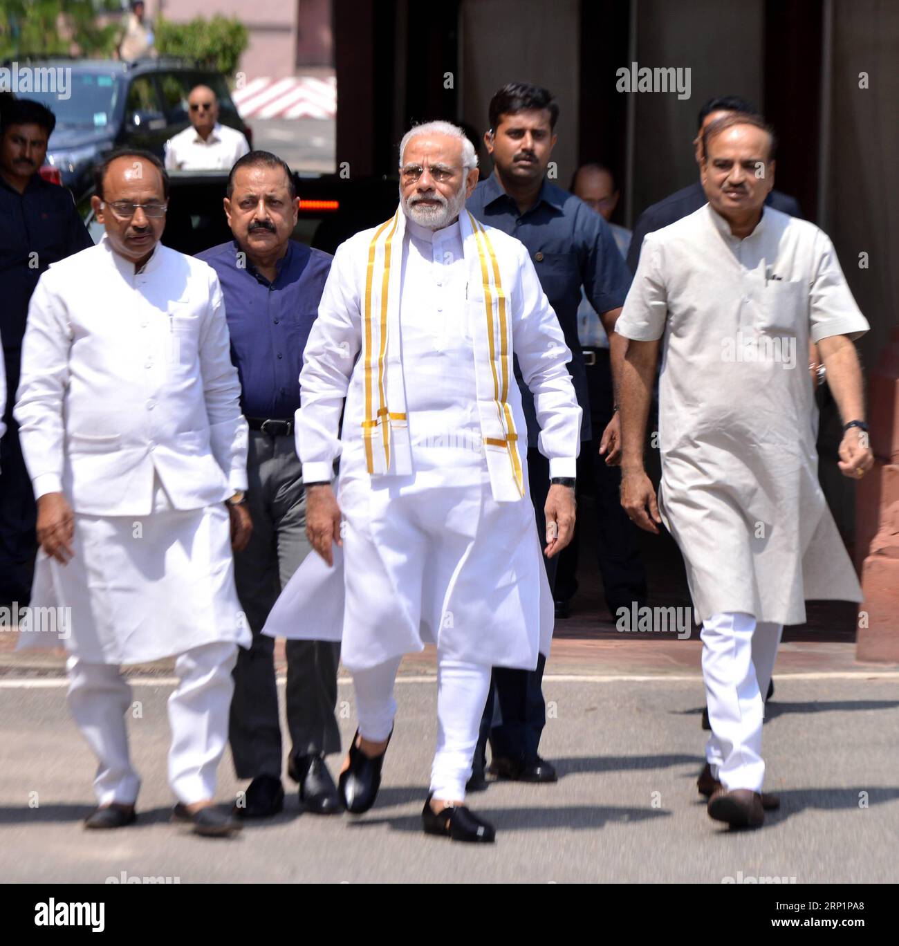 (180718) -- NEW DELHI, July 18, 2018 -- Indian Prime Minister Narendra Modi (C) arrives on the opening day of the monsoon session of parliament in New Delhi, India, July 18, 2018. The monsoon session of parliament began on Wednesday and continue until August 10. ) (rh) INDIA-NEW DELHI-MONSOON SESSION ParthaxSarkar PUBLICATIONxNOTxINxCHN Stock Photo