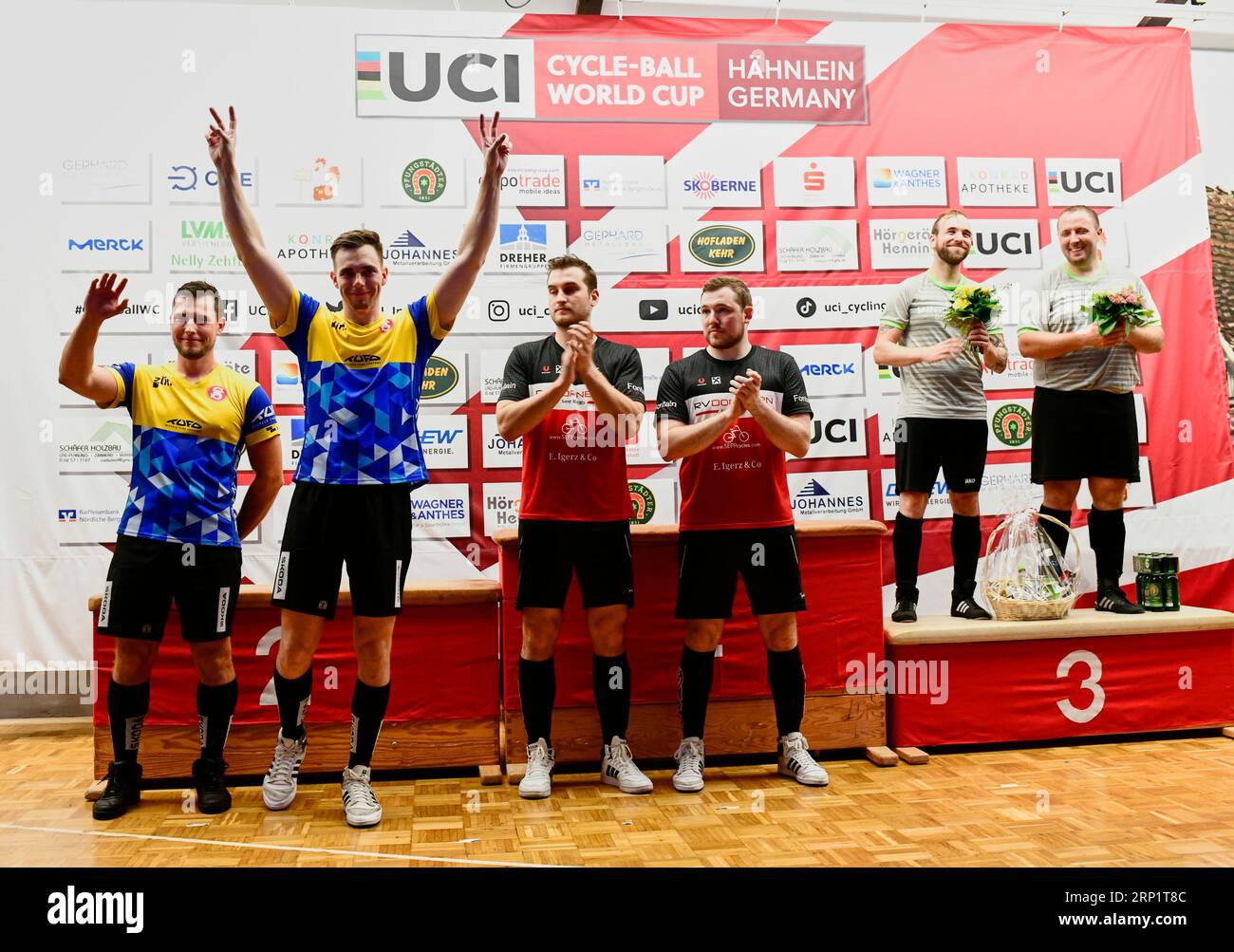 02.09.2023 UCI Radball Weltcup Cycle-Ball World Cup 2023 Siegerehrung links Platz 2 Radek Adam u. Thomas Horak (TJ Sokol Zlin / Tschechien) Stock Photo