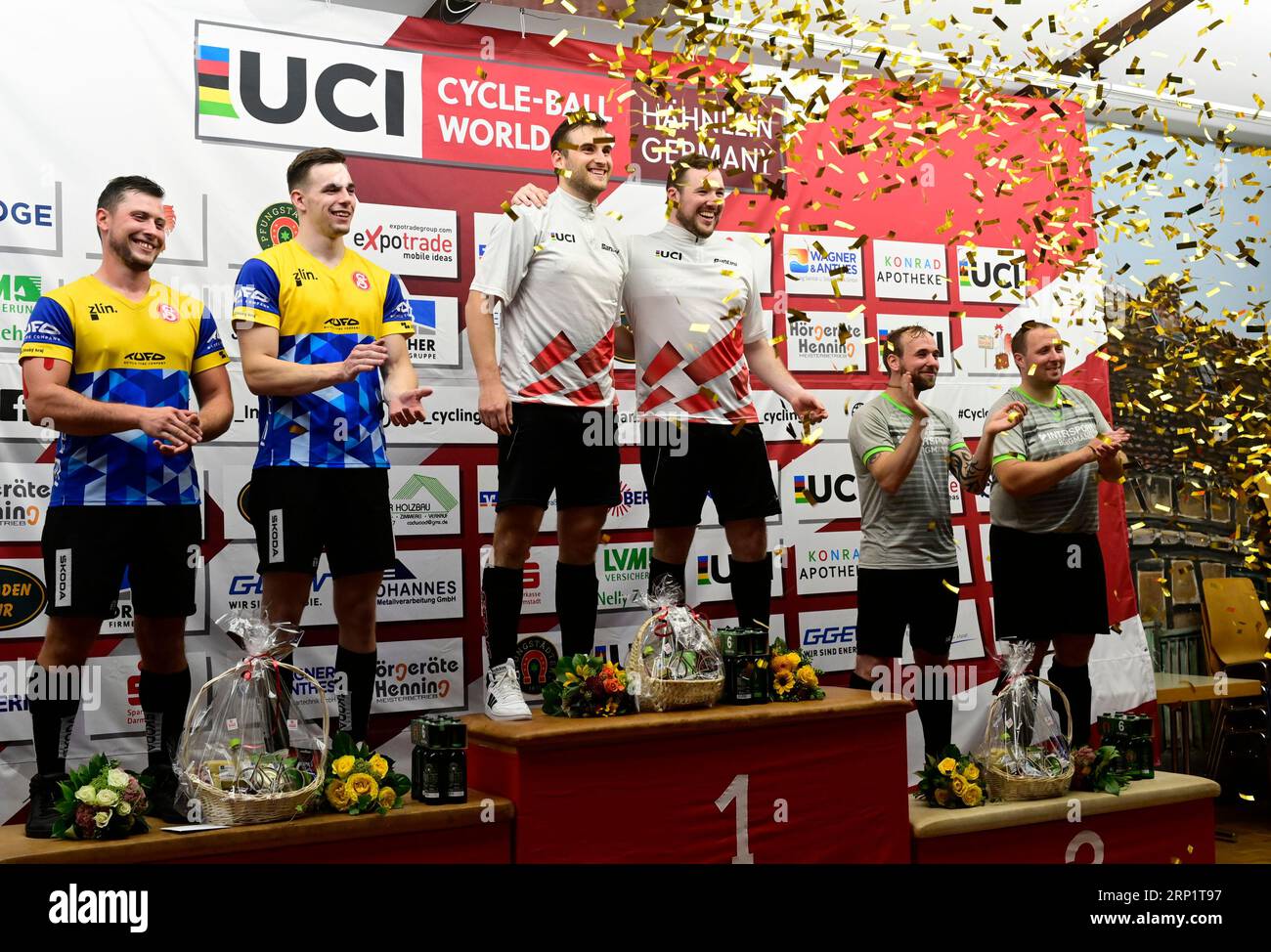 02.09.2023 UCI Radball Weltcup Cycle-Ball World Cup 2023 Siegerehrung v. li. Platz 2 Radek Adam u. Thomas Horak (TJ Sokol Zlin / Tschechien) Stock Photo