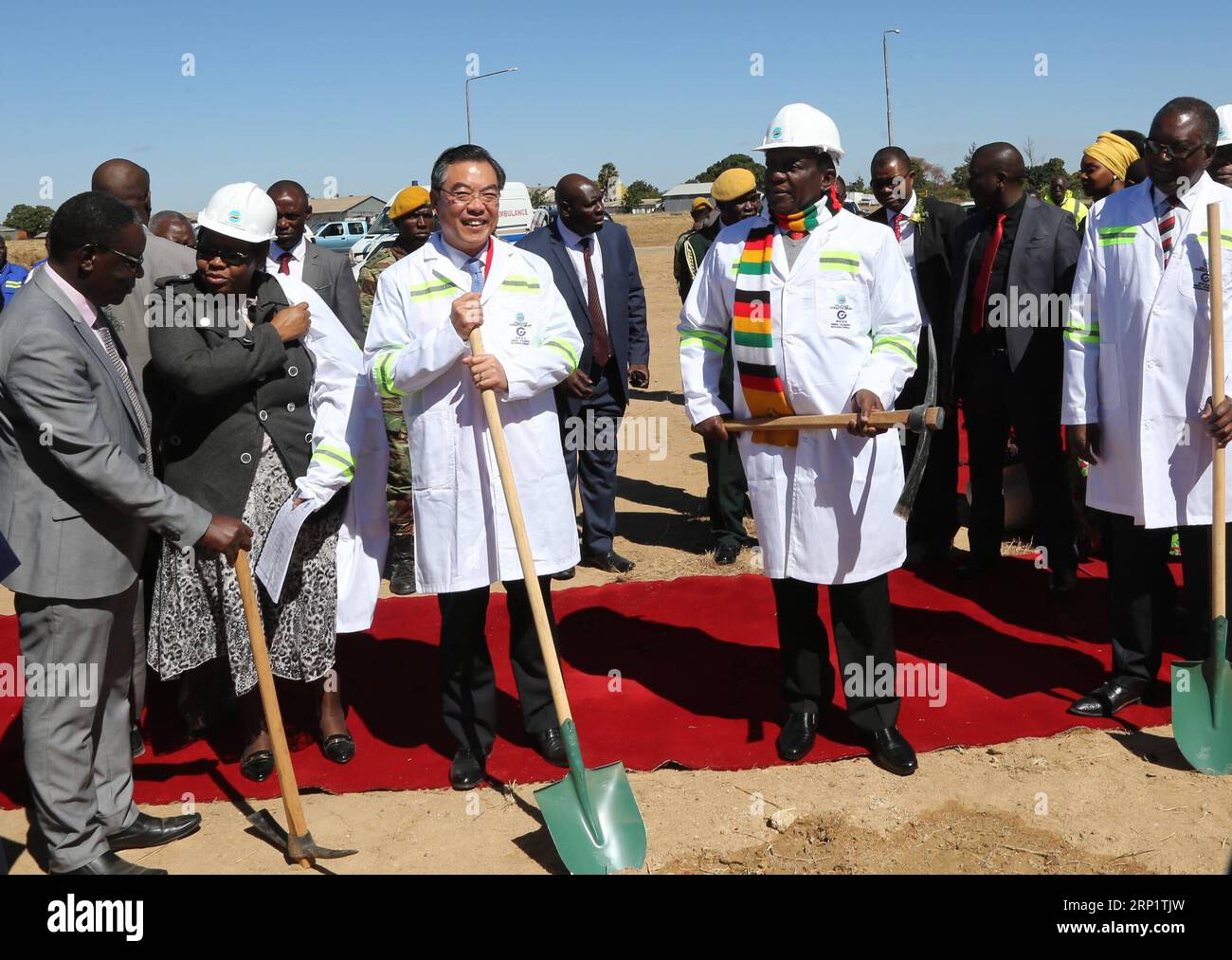 (180723) -- HARARE, July 23, 2018 -- Zimbabwean President Emmerson Mnangagwa (2nd R, Front) and Chinese Ambassador to Zimbabwe Huang Ping (3rd L, Front) lay the foundation of the upgrading and expansion project of the Robert Gabriel Mugabe International Airport in Harare, Zimbabwe, on July 23, 2018. Zimbabwe s main airport is set to undergo a major facelift to be funded by China as part of the government s efforts to transform the facility into a regional aviation hub. ) ZIMBABWE-HARARE-AIRPORT-UPGRADING AND EXPANSION WORK ZhangxYuliang PUBLICATIONxNOTxINxCHN Stock Photo