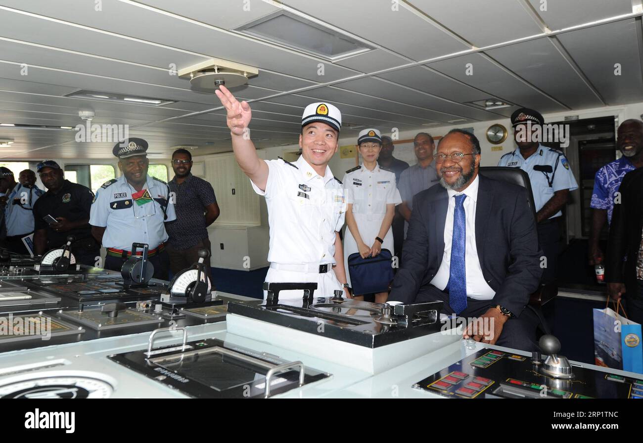 (180724) -- PORT VILA, July 24, 2018 -- Prime Minister of Vanuatu Charlot Salwai visits the Chinese naval hospital ship Ark Peace in Port Vila, Vanuatu, July 23, 2018. The Chinese naval hospital ship Ark Peace has been welcomed in the South Pacific nation of Vanuatu, with the floating hospital set to commence an eight-day humanitarian mission providing free healthcare and assistance to those in need. ) (djj) VANUATU-PORT VILA-CHINESE HOSPITAL SHIP JiangxShan PUBLICATIONxNOTxINxCHN Stock Photo